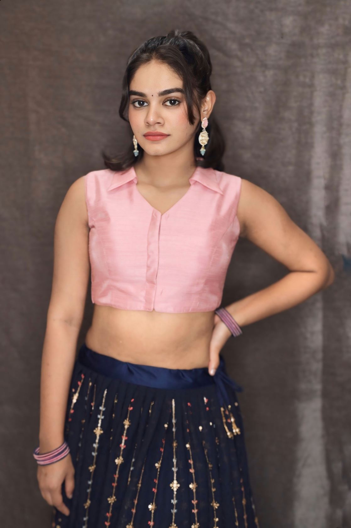 Baby Pink Art Silk Sleeveless Collared Blouse