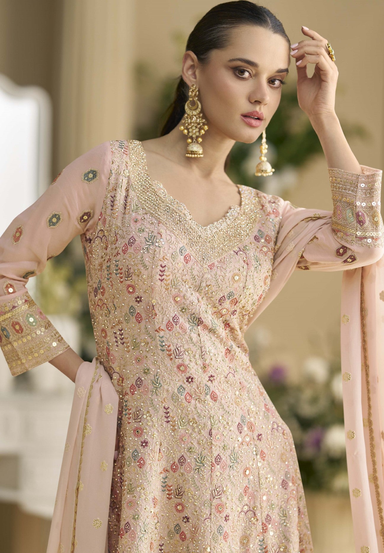Baby Pink Georgette Palazzo Suit With Seroski Work