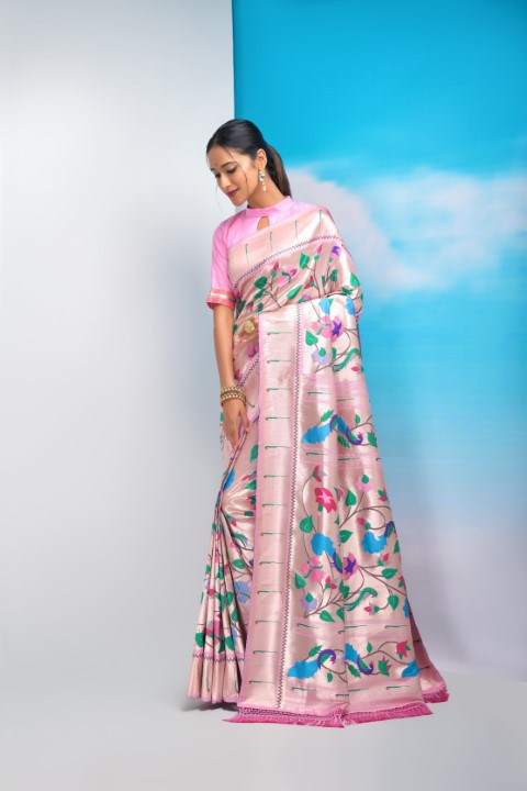 Baby Pink Paithani Silk Saree with All Over Zari Weaves