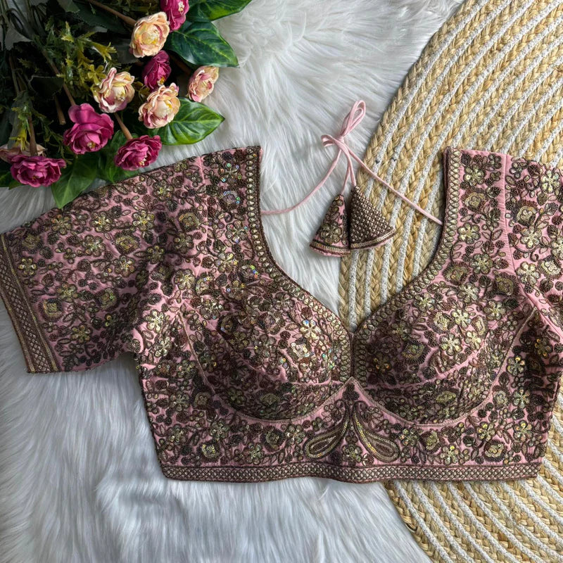 Baby Pink Sabyasachi Inspired Heavy Copper Work Bridal Blouse in Roman Silk with Embroidery & Sequins