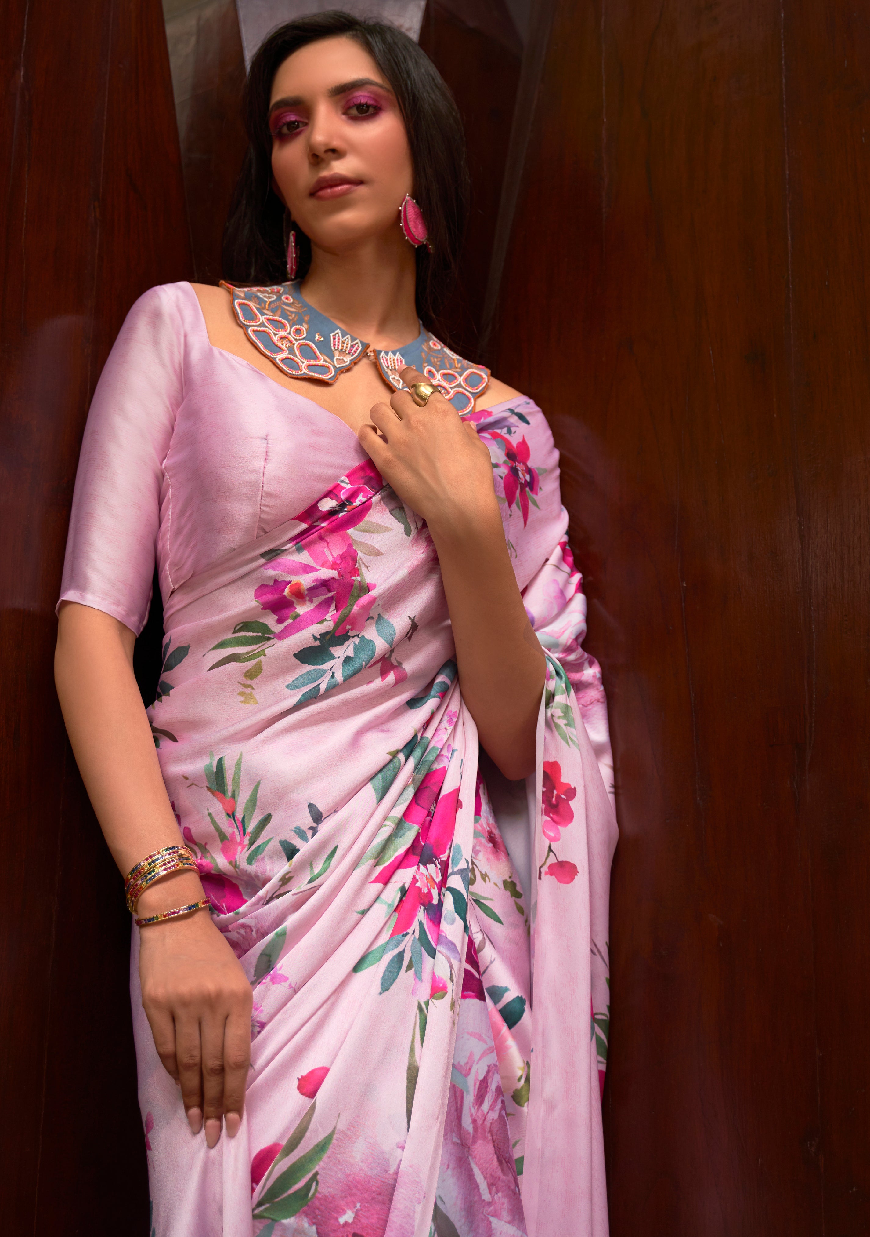 Baby Pink Satin Crepe Saree With Digital Printed Work