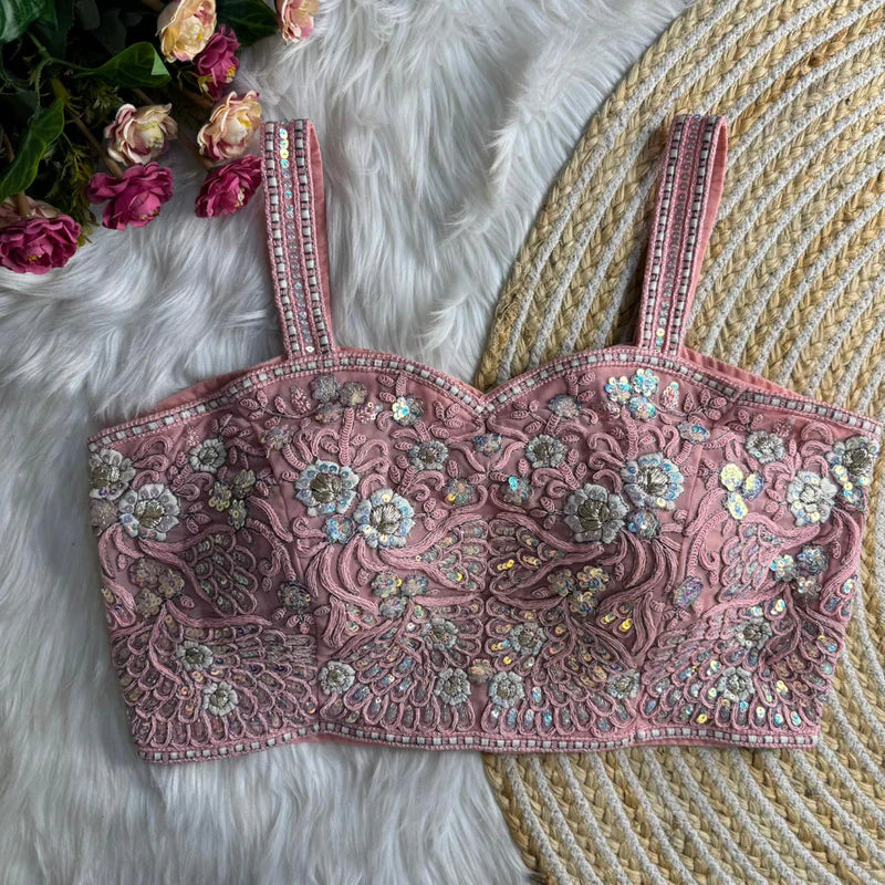 Baby Pink Womens Spaghetti Western Designer Blouse Fox Georgette Embroidered & Sequins Partywear