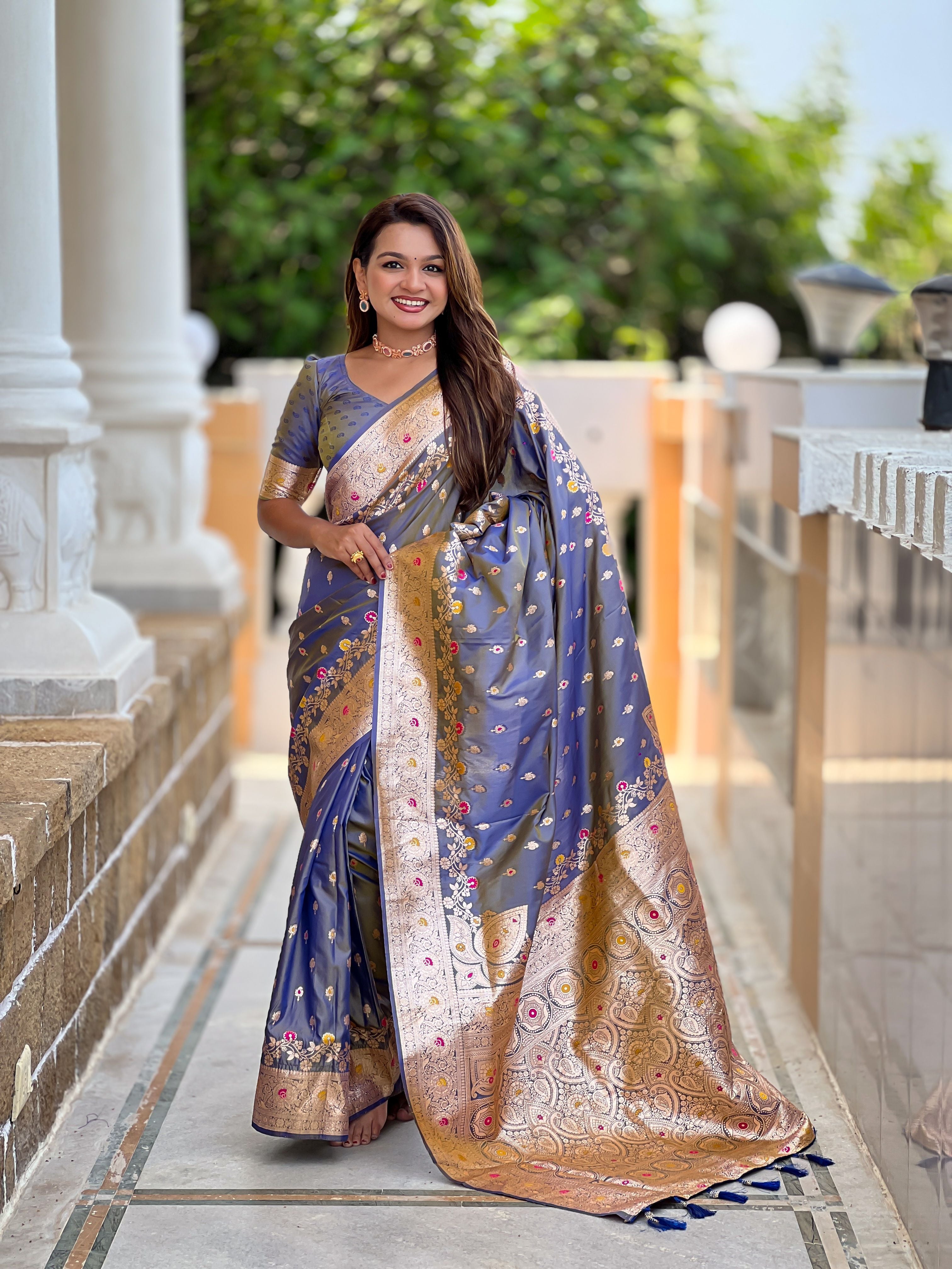 Banarasi Silk Woven Meenakari Designer Grey Sophisticated Ethnic Ceremonial Saree