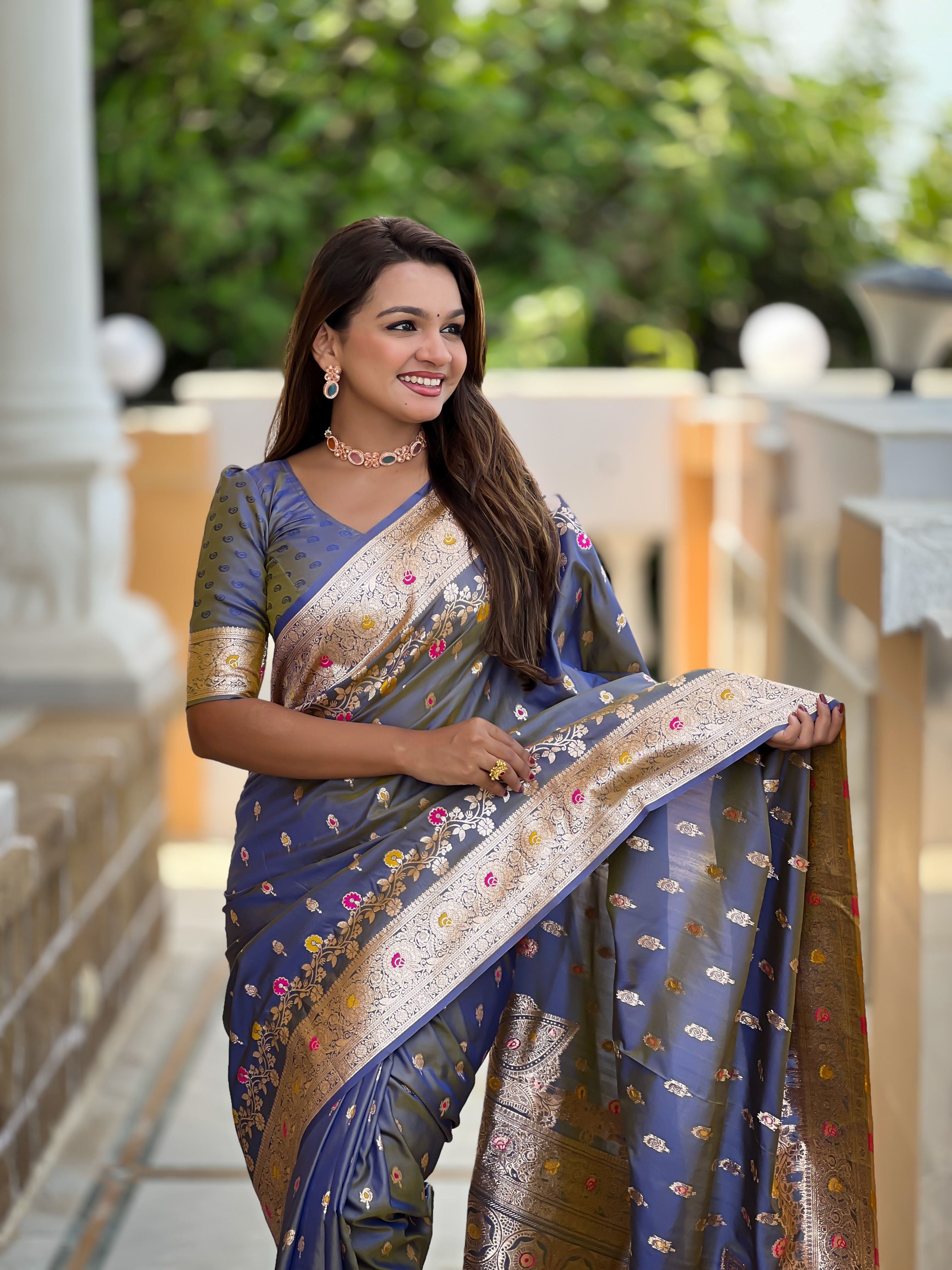 Banarasi Silk Woven Meenakari Designer Grey Sophisticated Ethnic Ceremonial Saree