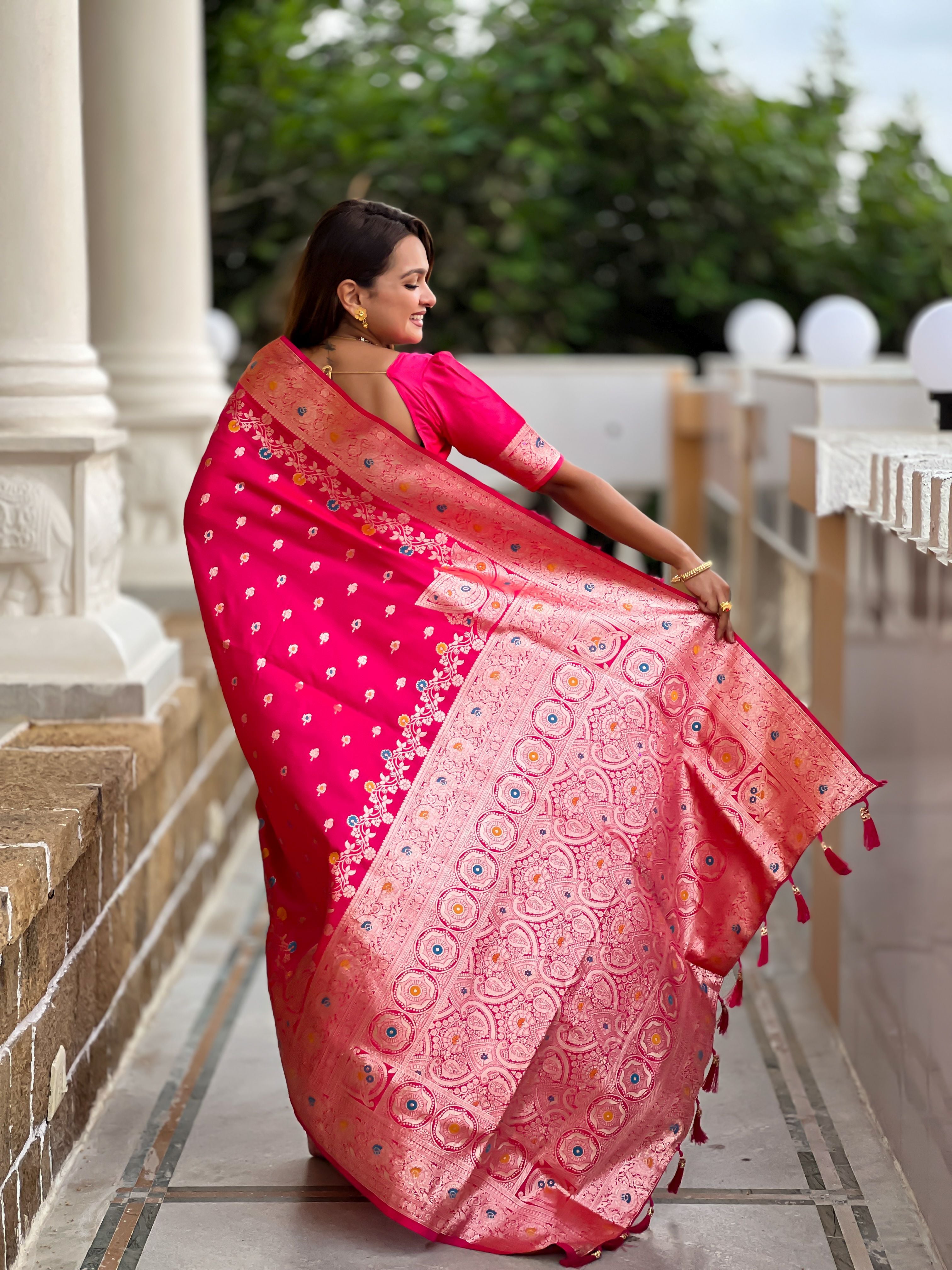 Banarasi Silk Woven Meenakari Designer Pink Sophisticated Ethnic Ceremonial Saree