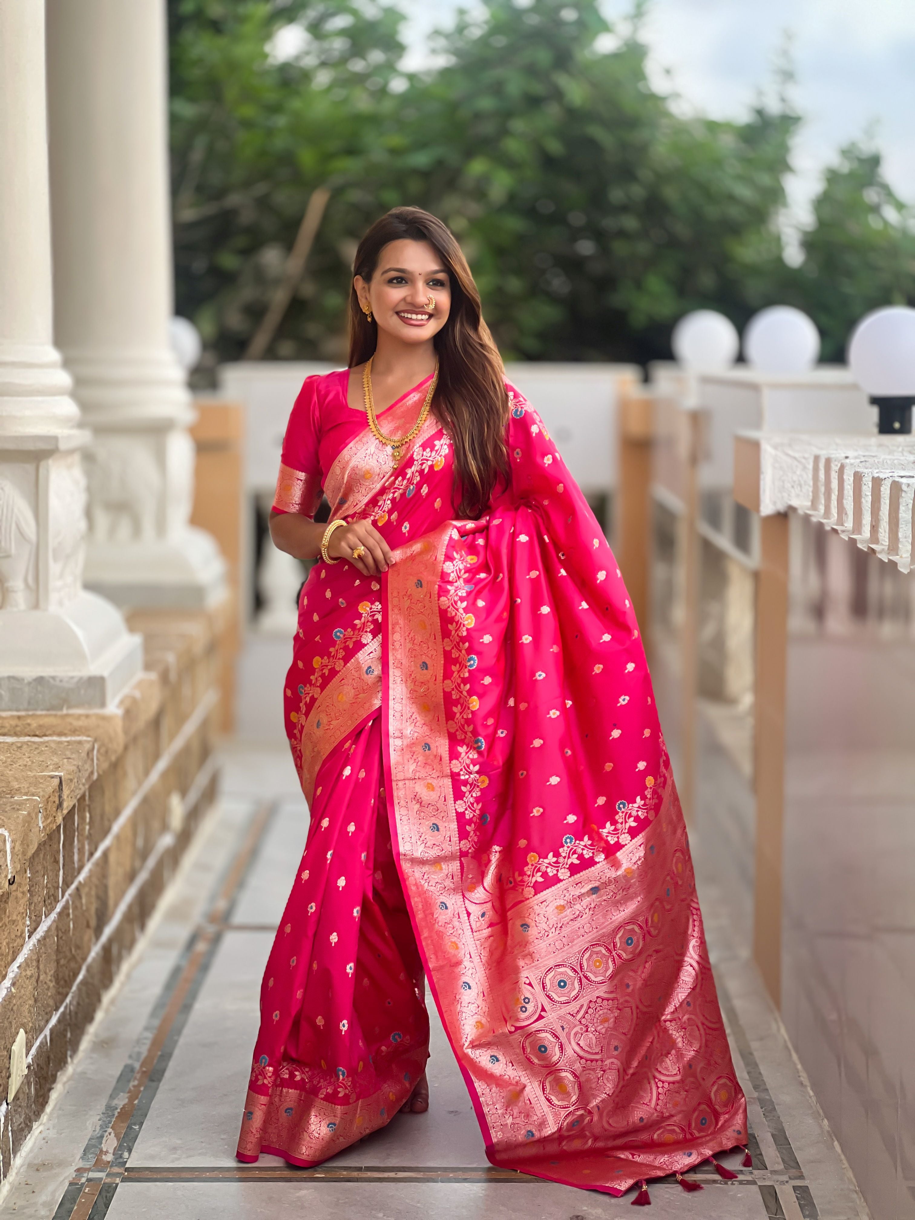 Banarasi Silk Woven Meenakari Designer Pink Sophisticated Ethnic Ceremonial Saree