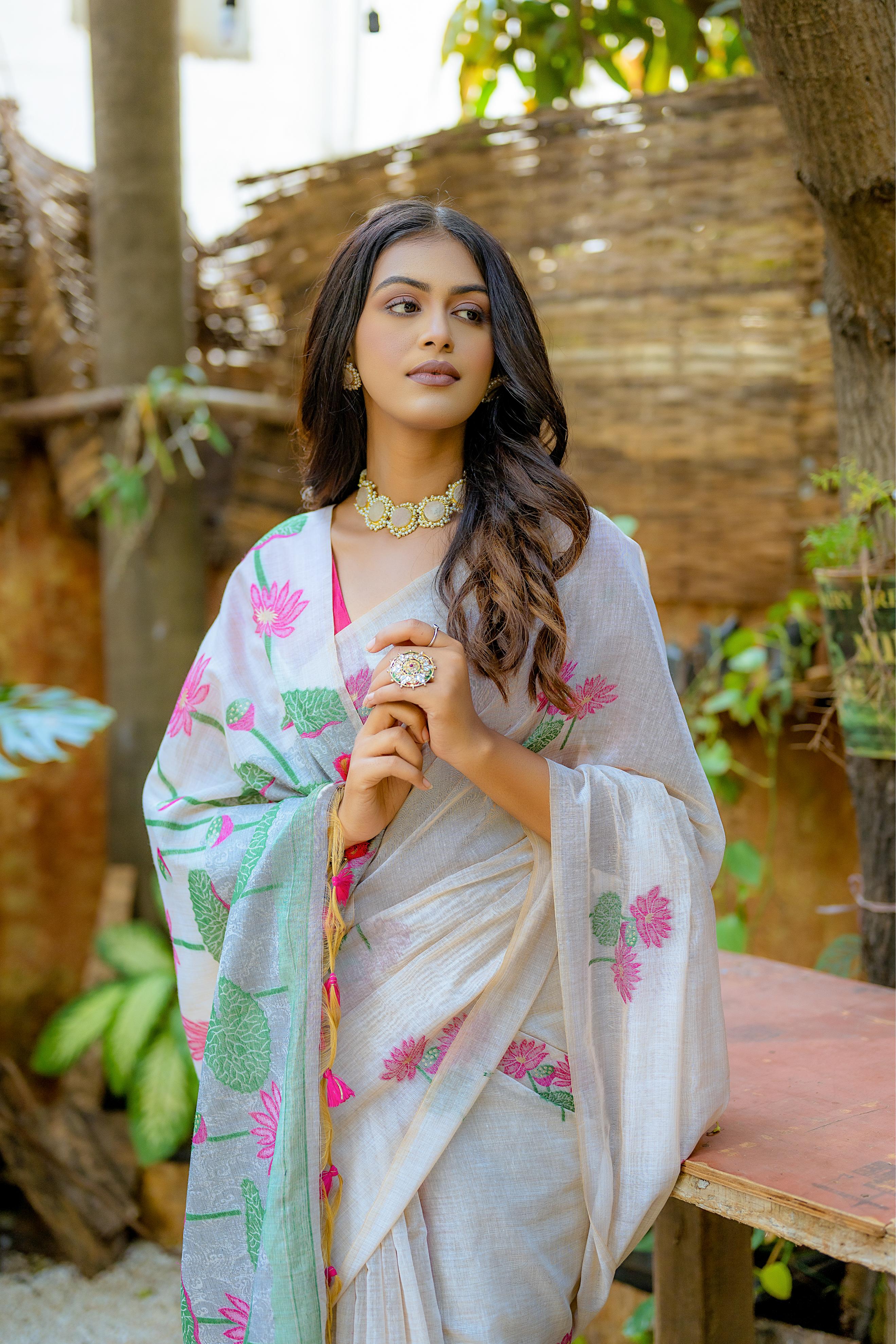 Beautiful Floral Weaving Designer Off White Muga Cotton Rich Looks Saree
