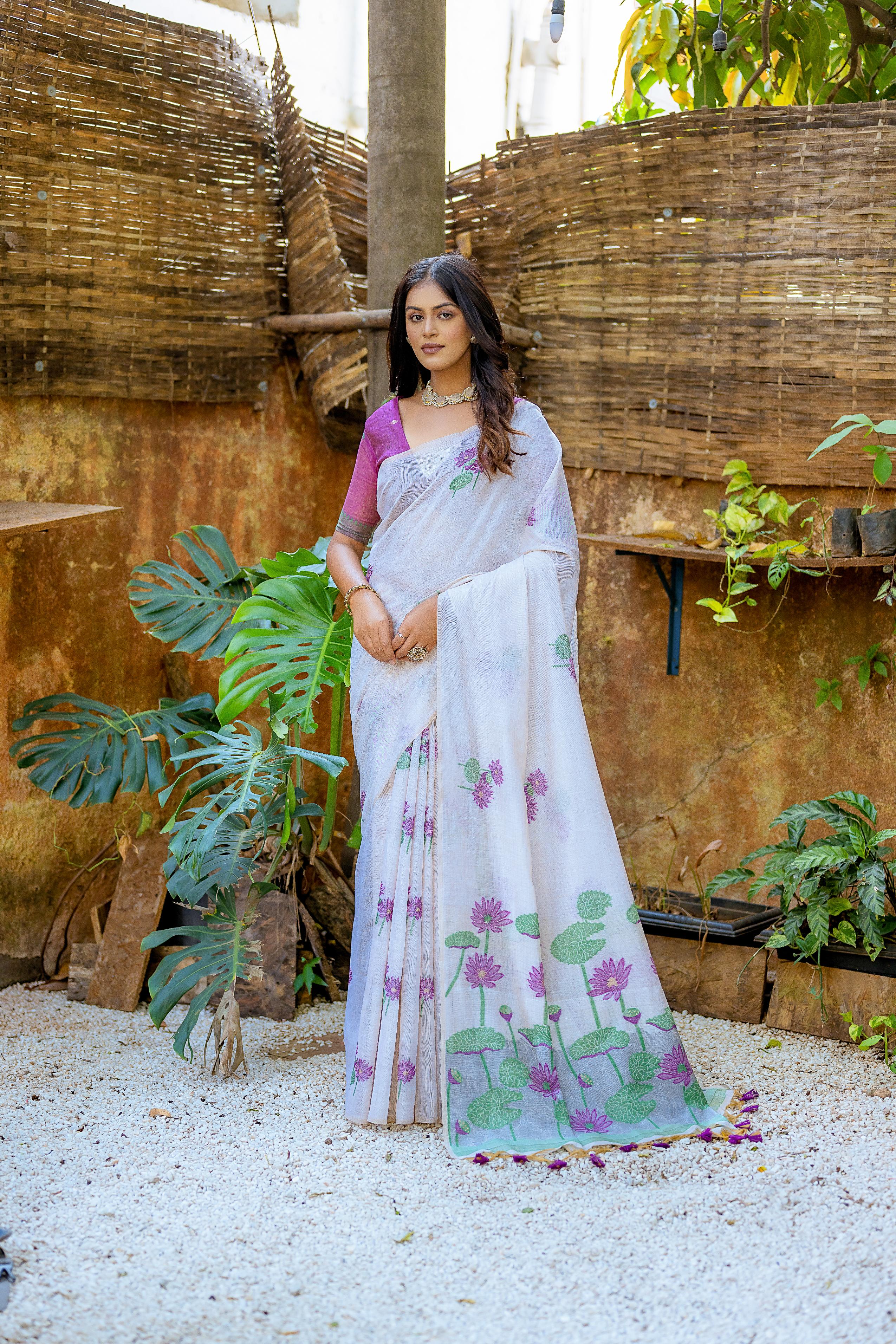 Beautiful Floral Weaving Designer Off White Muga Cotton Rich Looks Saree