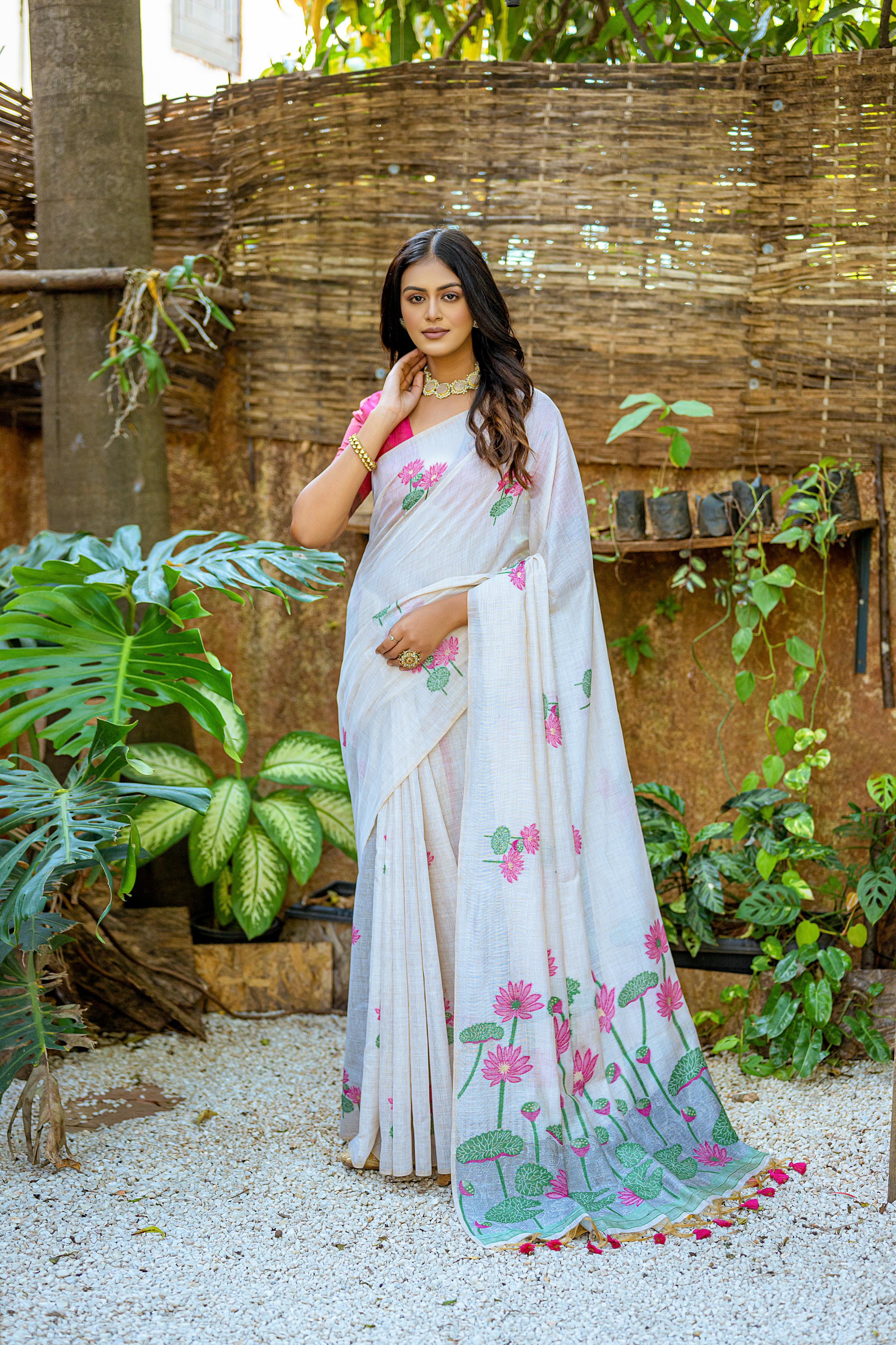 Beautiful Floral Weaving Designer Off White Muga Cotton Rich Looks Saree