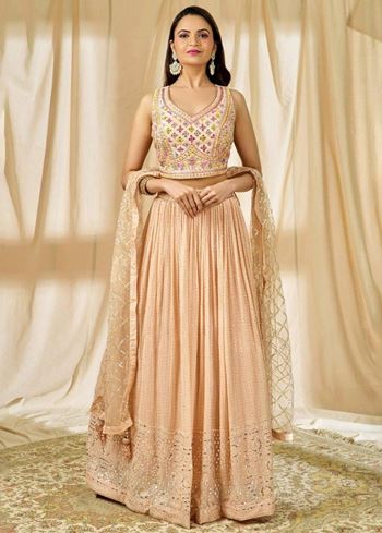 Beautiful Peach Thread Embroidered Georgette Wedding Lehenga Choli