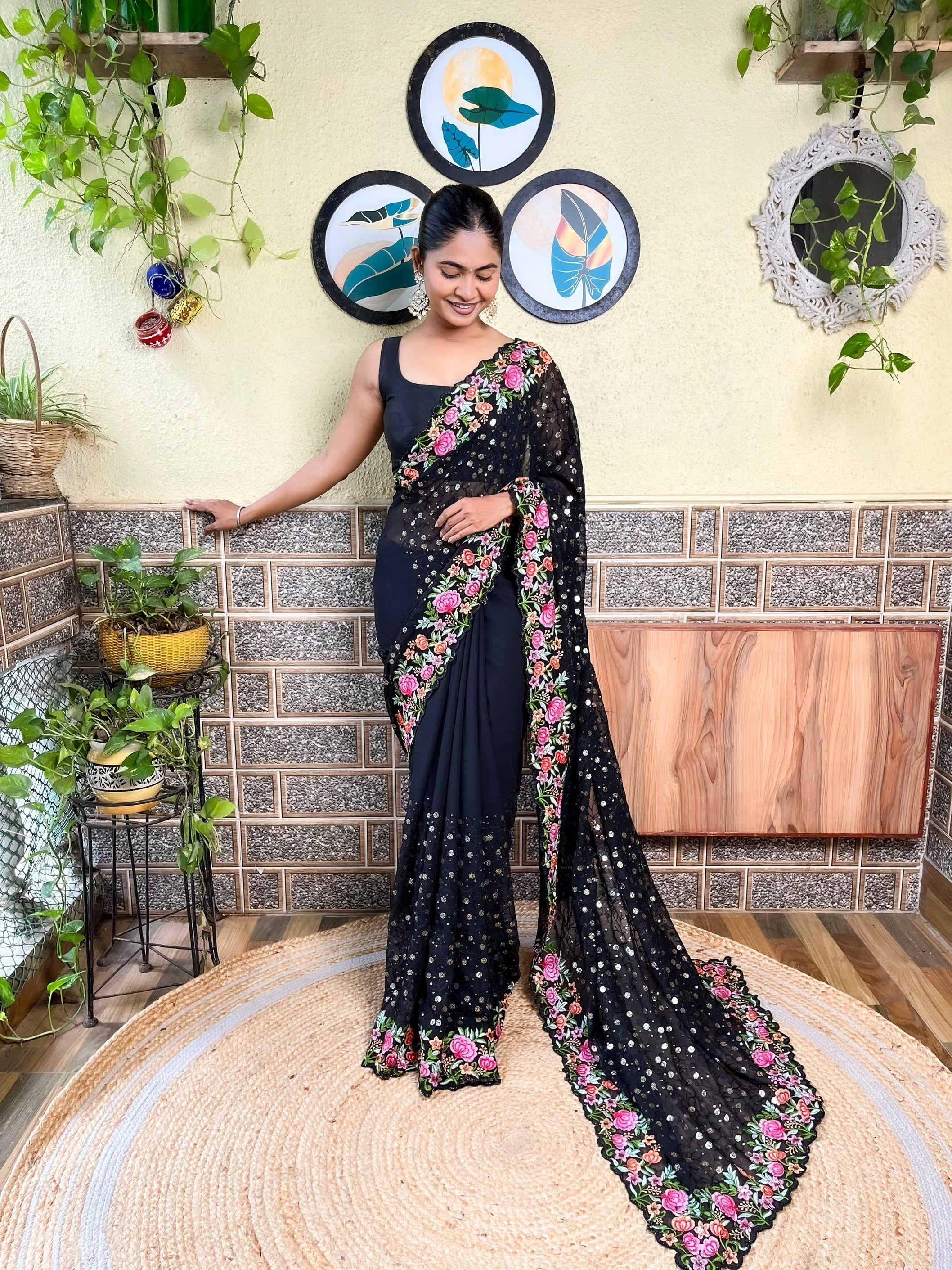 Beautifuly Designer Georgette Black Saree With Glamorous Embroidery Work For Ceremonial Work