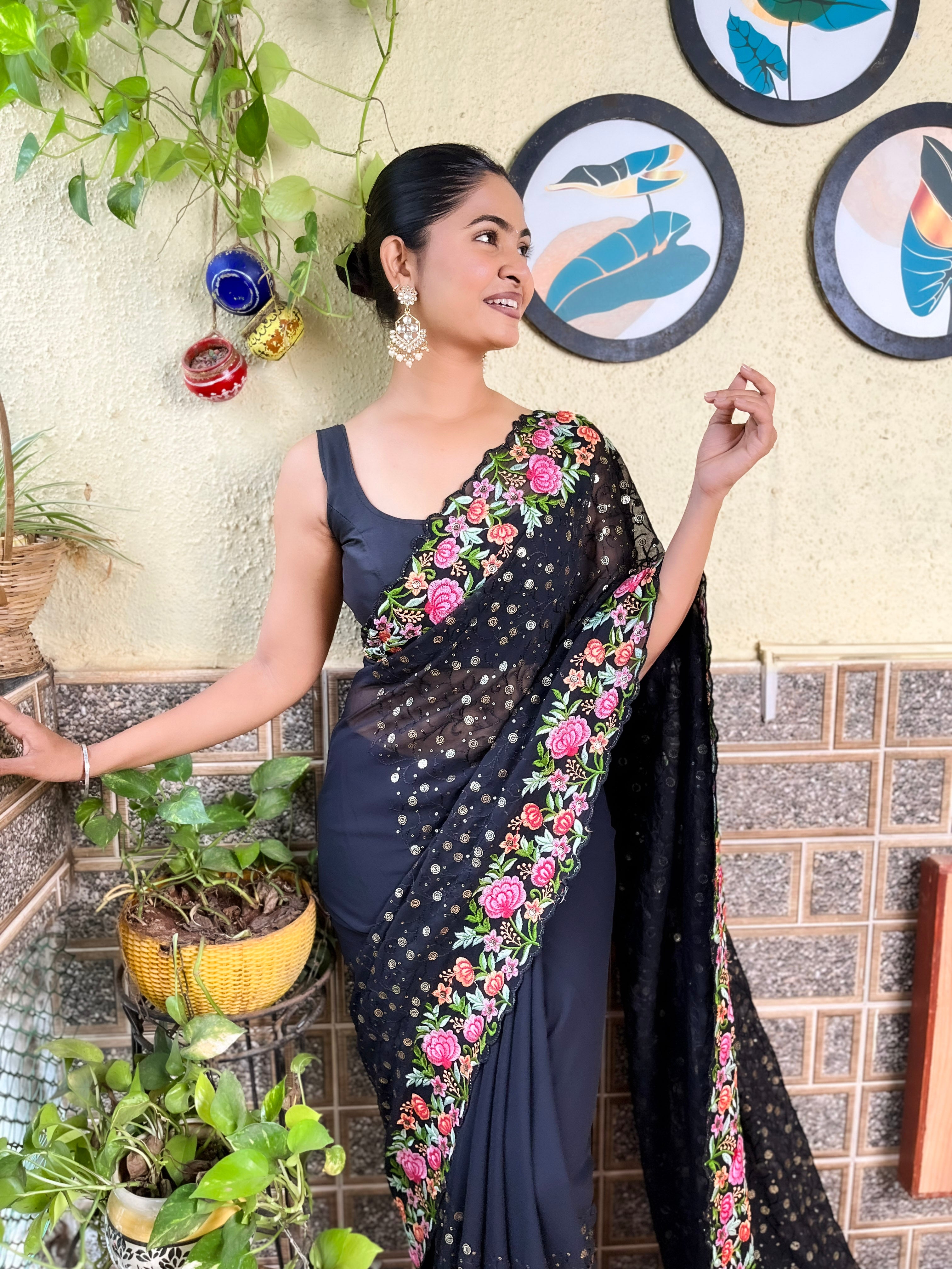 Beautifuly Designer Georgette Black Saree With Glamorous Embroidery Work For Ceremonial Work