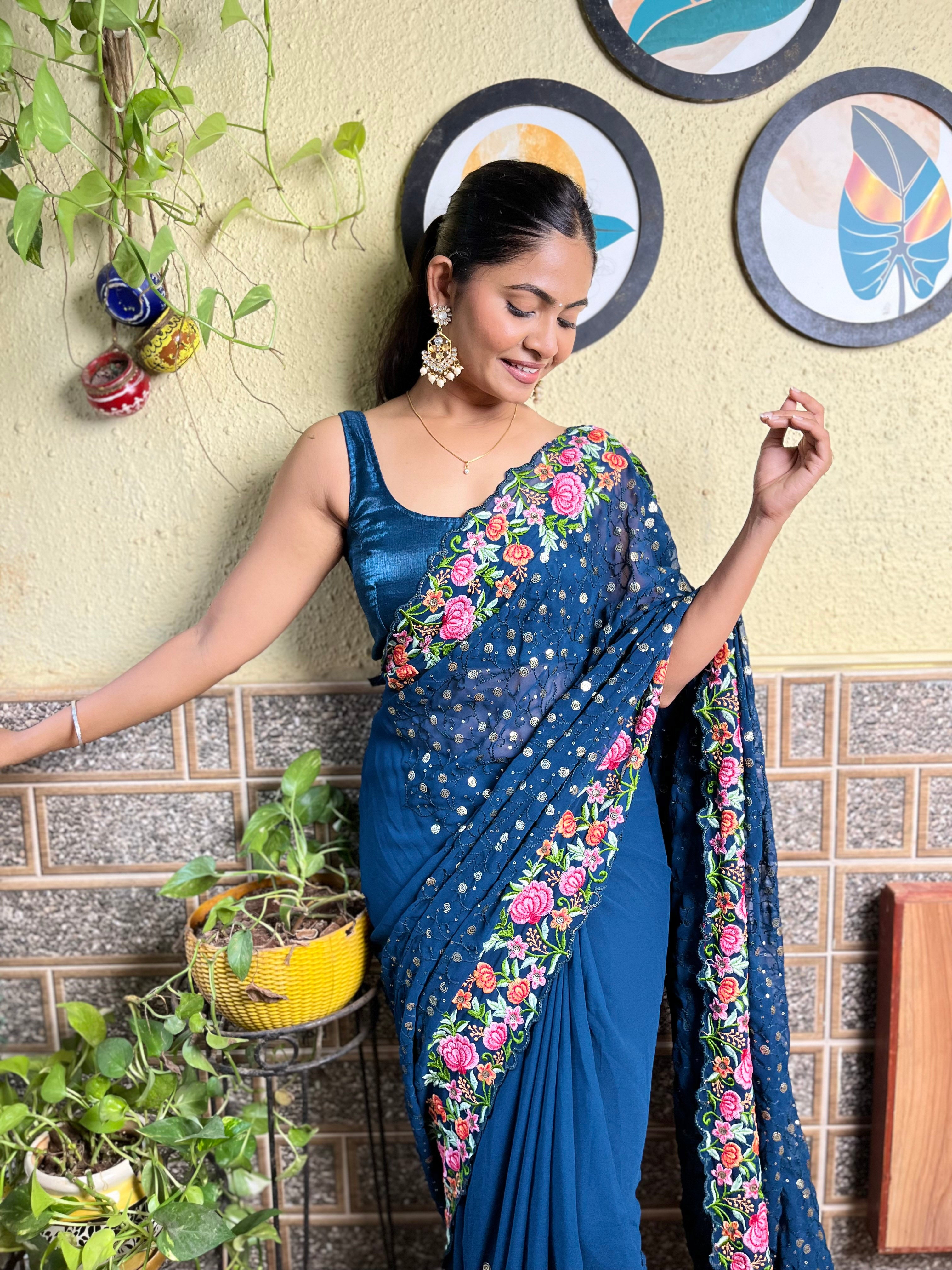 Beautifuly Designer Georgette Blue Saree With Glamorous Embroidery Work For Ceremonial Work