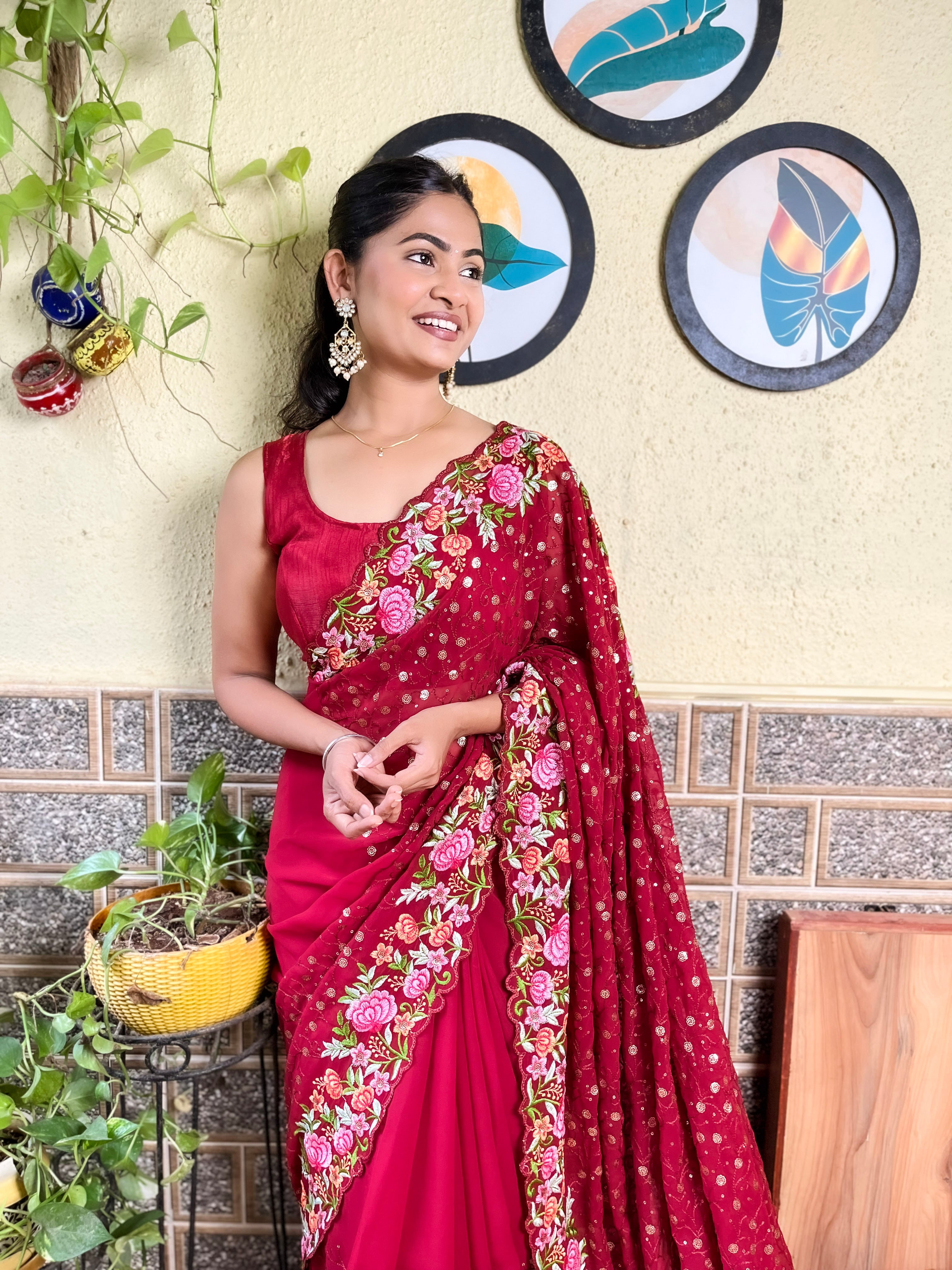 Beautifuly Designer Georgette Maroon Saree With Glamorous Embroidery Work For Ceremonial Work