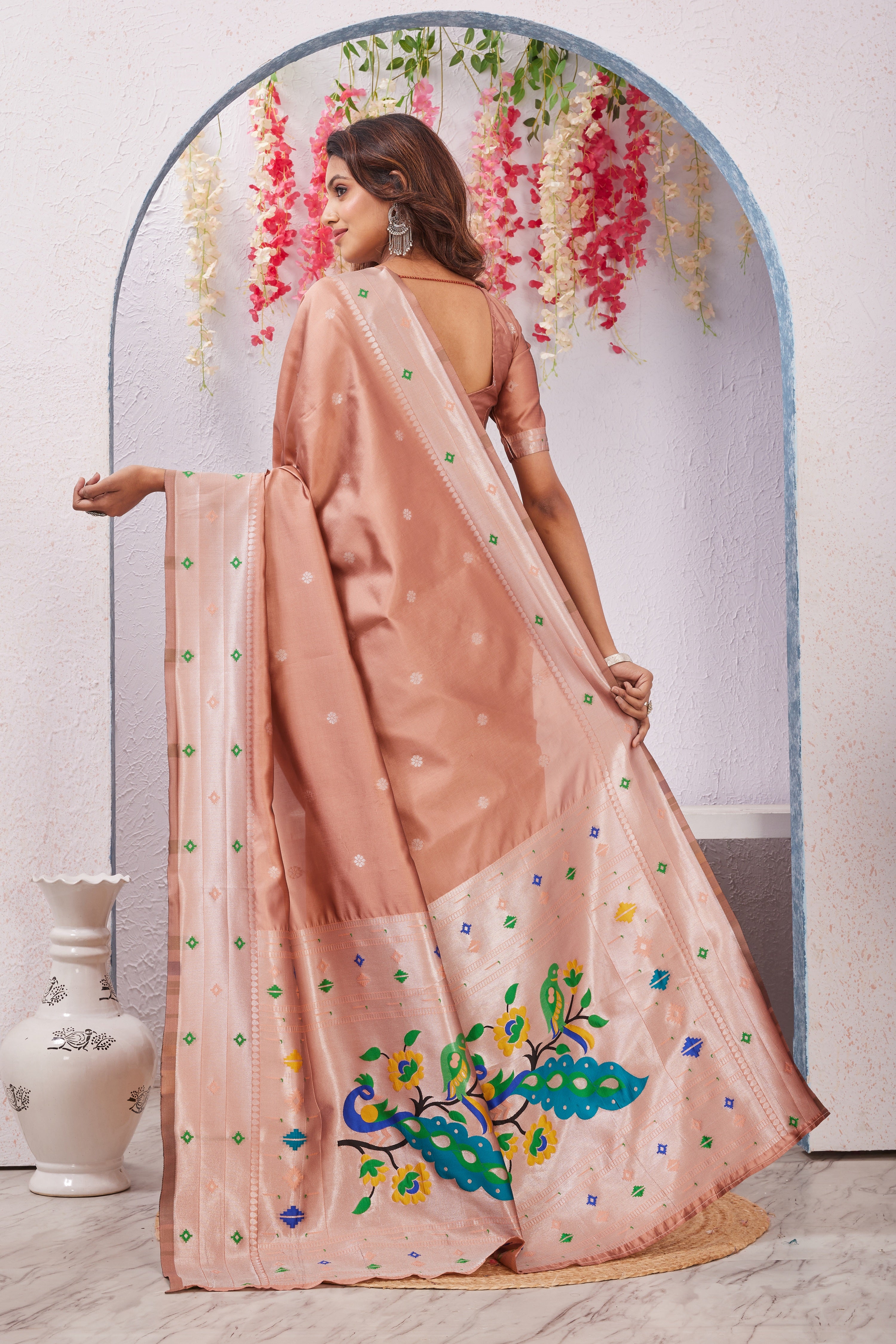 Beige Banarasi Silk Saree with Peacock Motif, Rich Pallu & Jacquard Jari Work