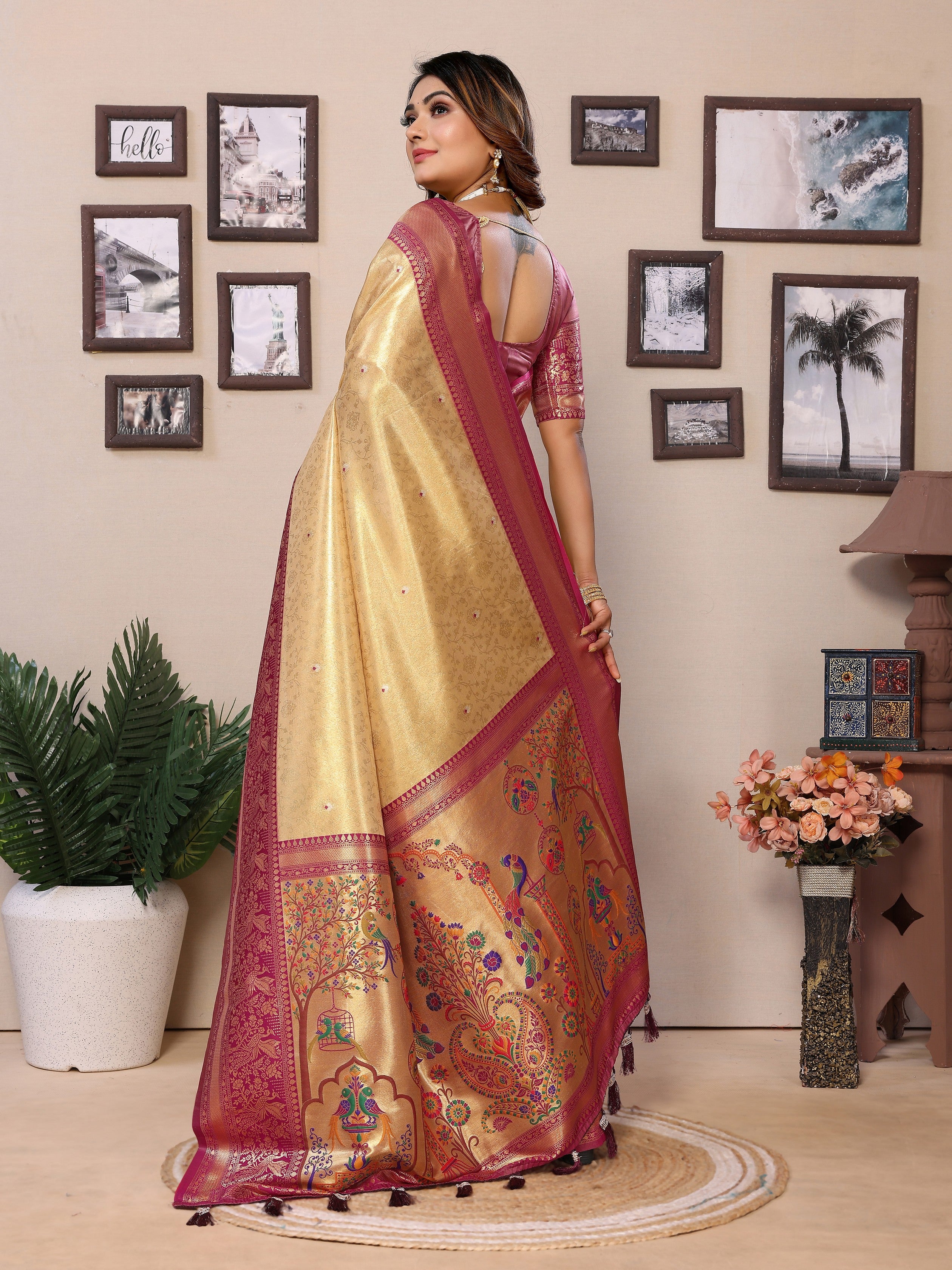 Beige Banarasi Tissue Silk Heavy Woven Jari Designer Ceremonial Saree