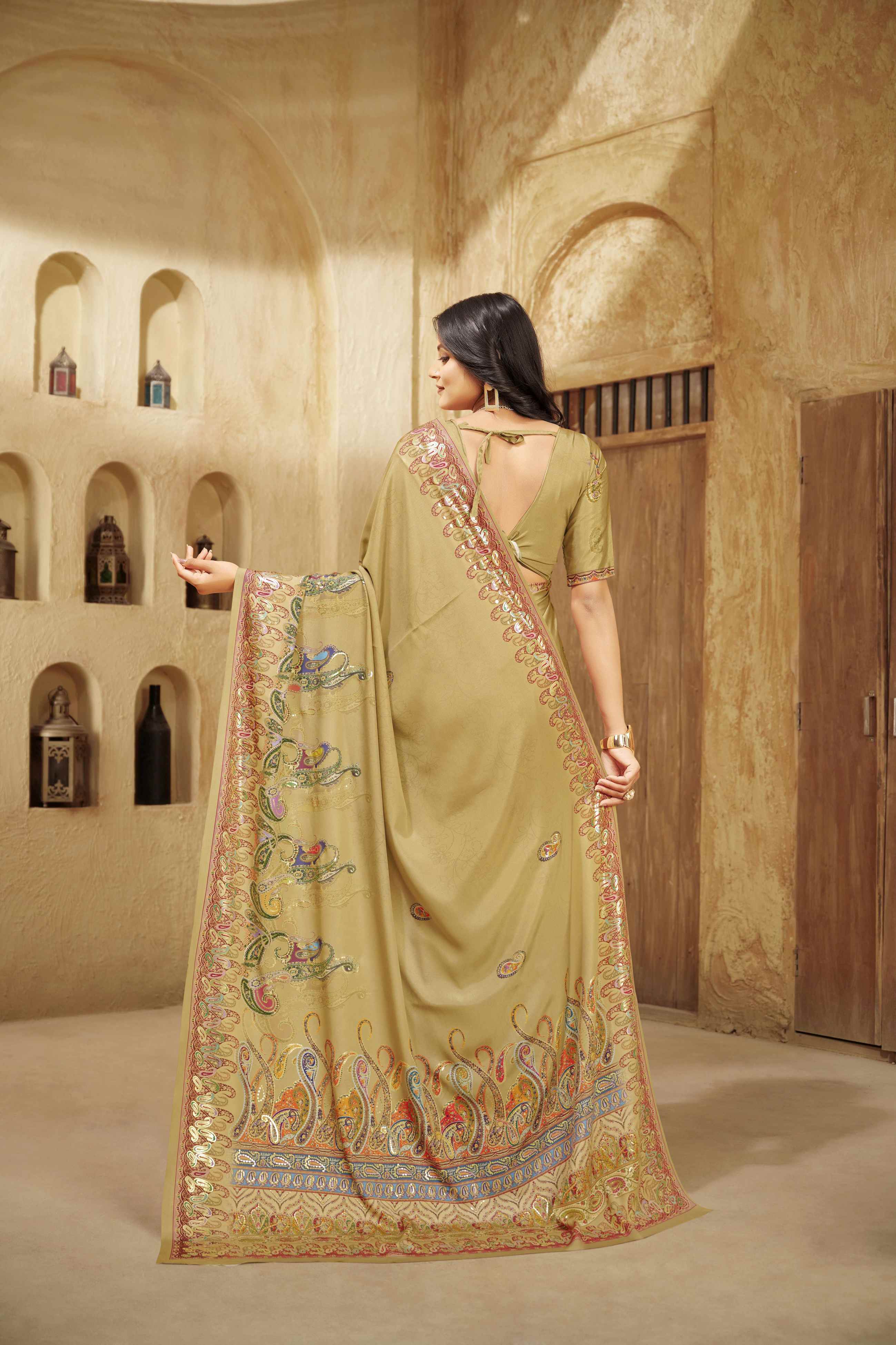 Beige Beautiful Designer Position Digital Foil Printed Crepe Silk Designer Partywear Saree