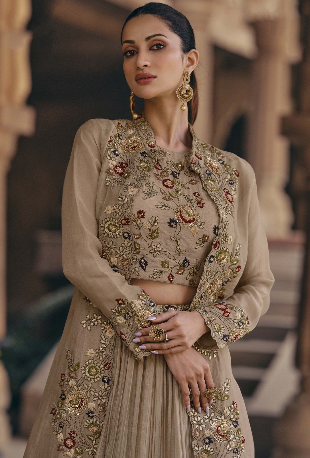 Beige Chinon Silk Lehenga Choli With Sequin Embroidered Jacket