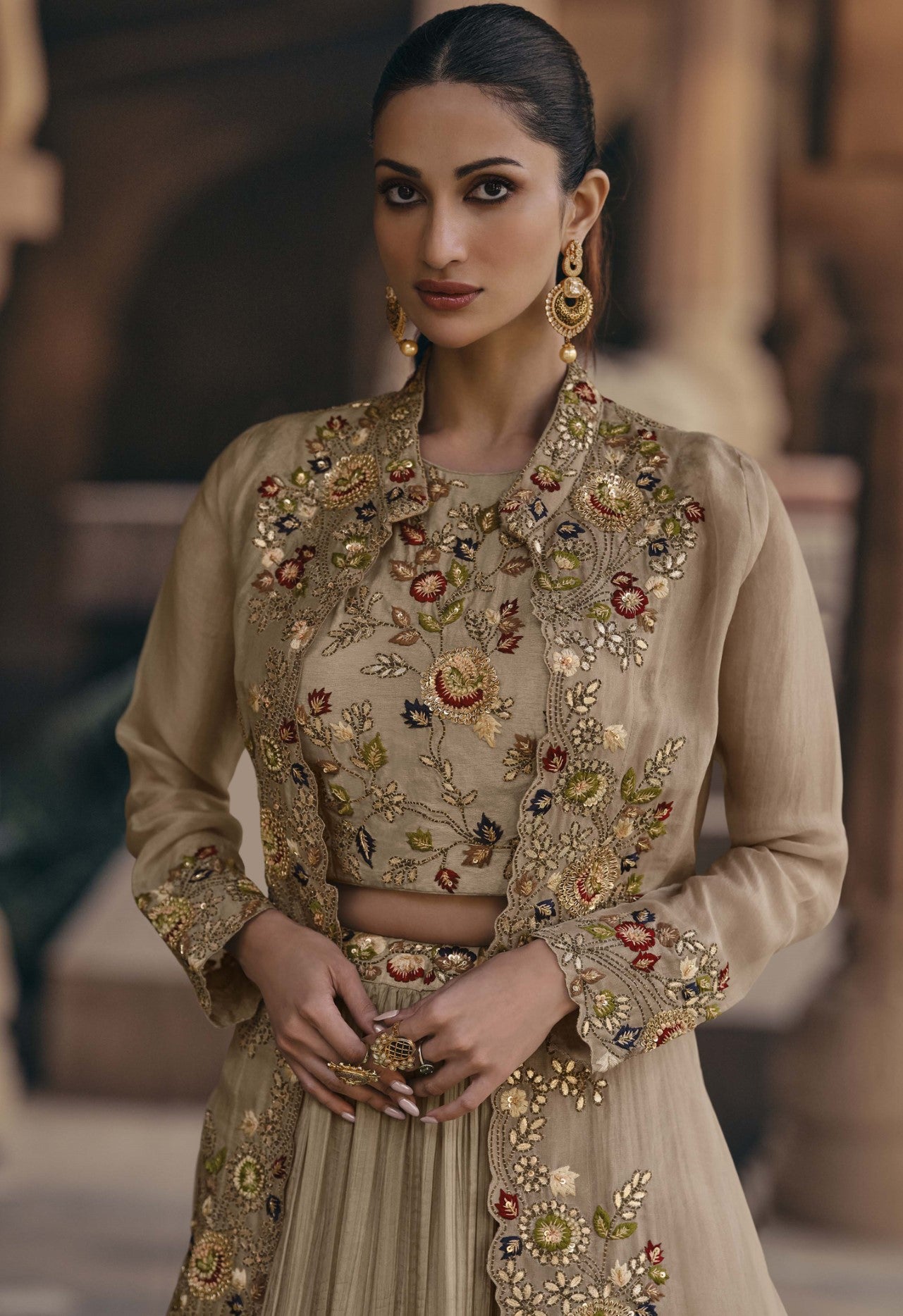 Beige Chinon Silk Lehenga Choli With Sequin Embroidered Jacket
