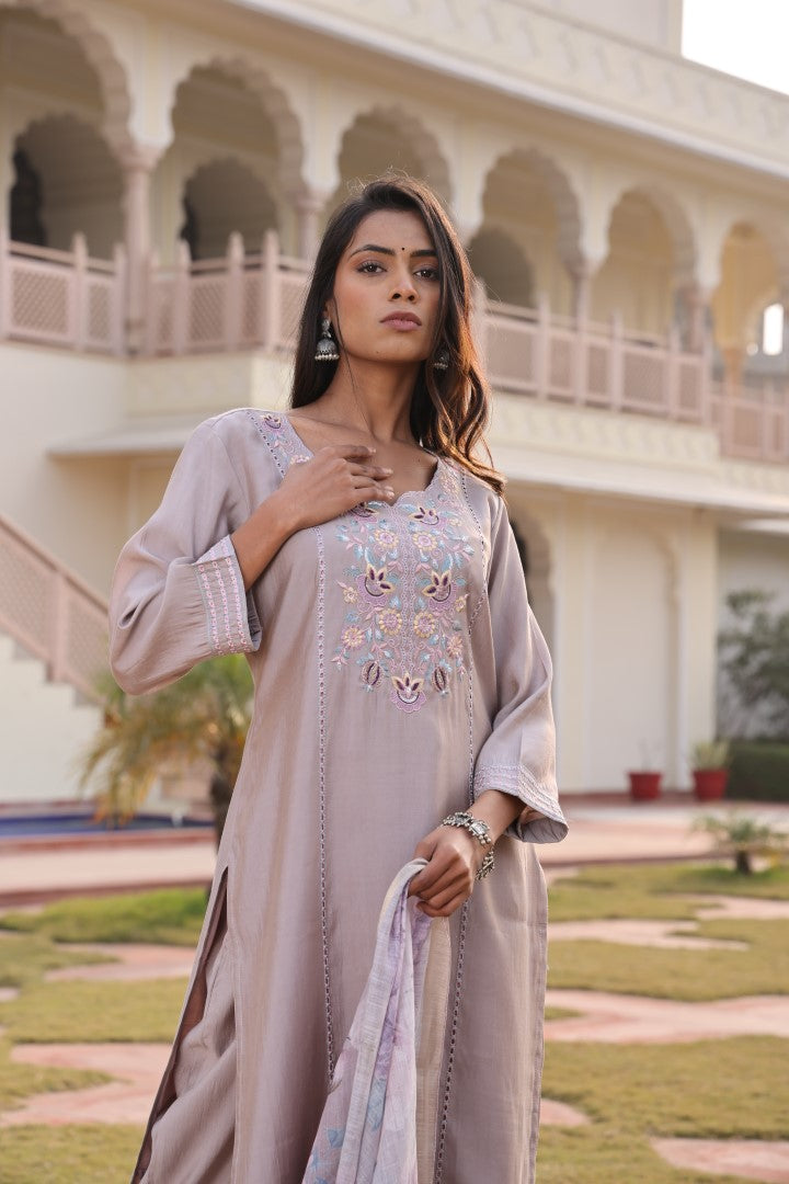 Beige Cotton Silk Designer Suit Set With Intricate Hand Embroidery