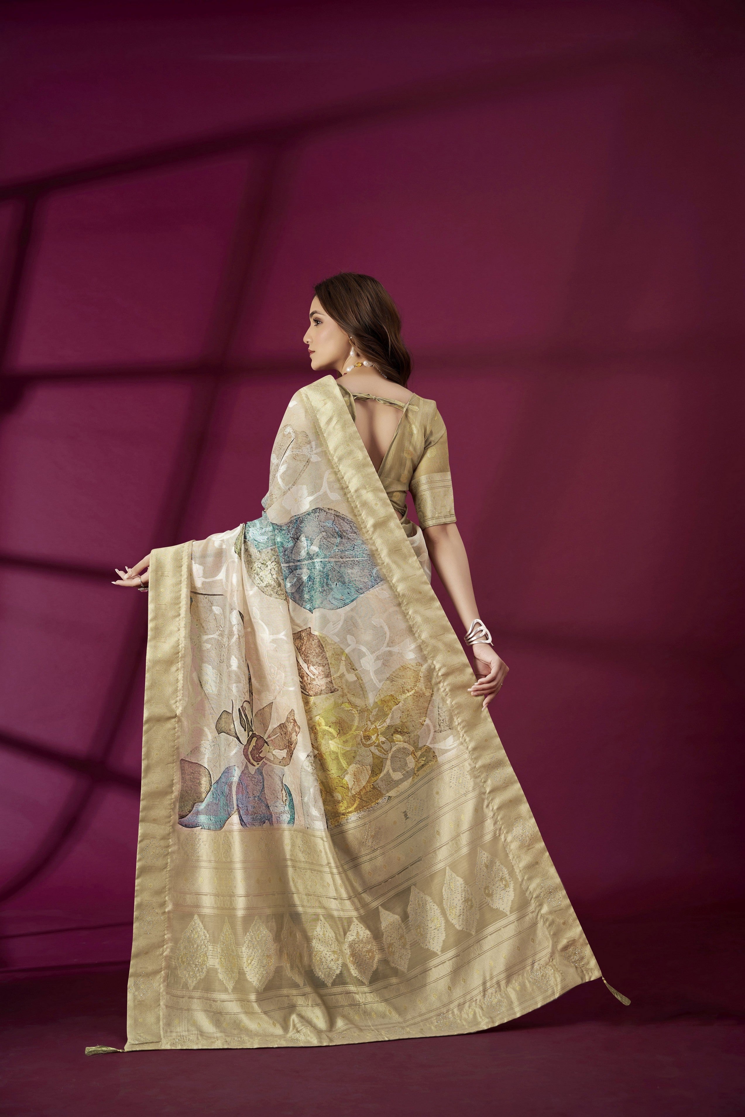 Beige Rich Silk Jacquard Designer Saree With Smart Ethnic Printed