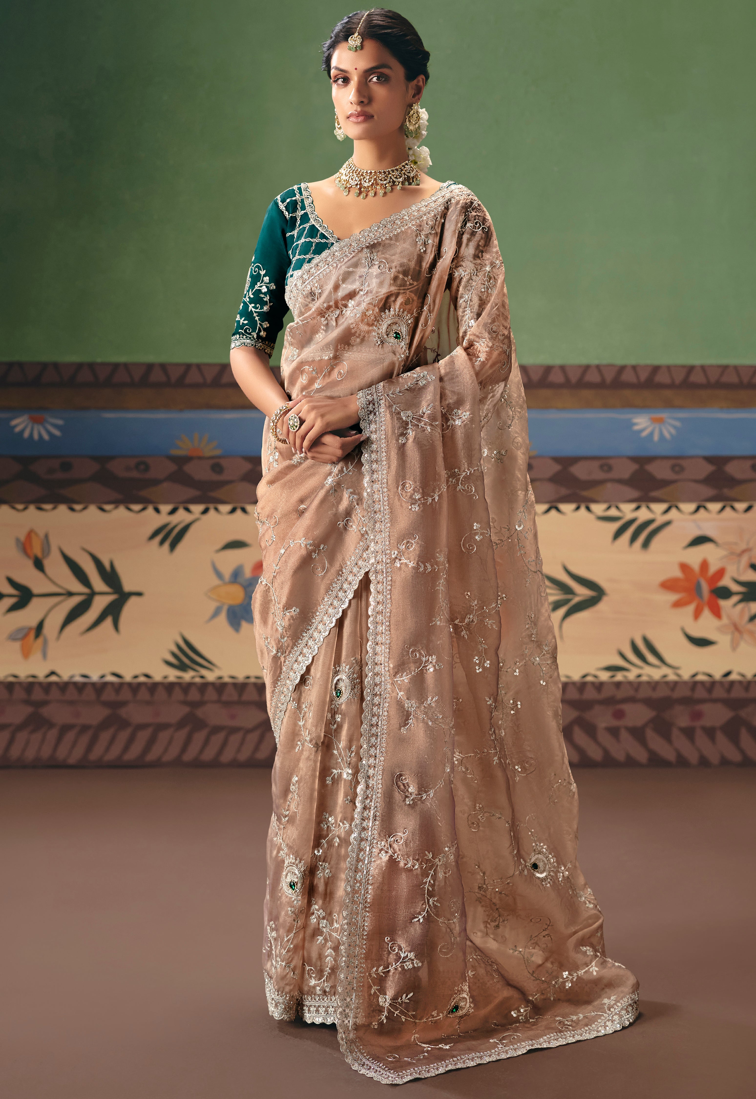 Beige Saree With Heavy Designer Embroidery, Sequince, Stone, Pearl With Beads Work