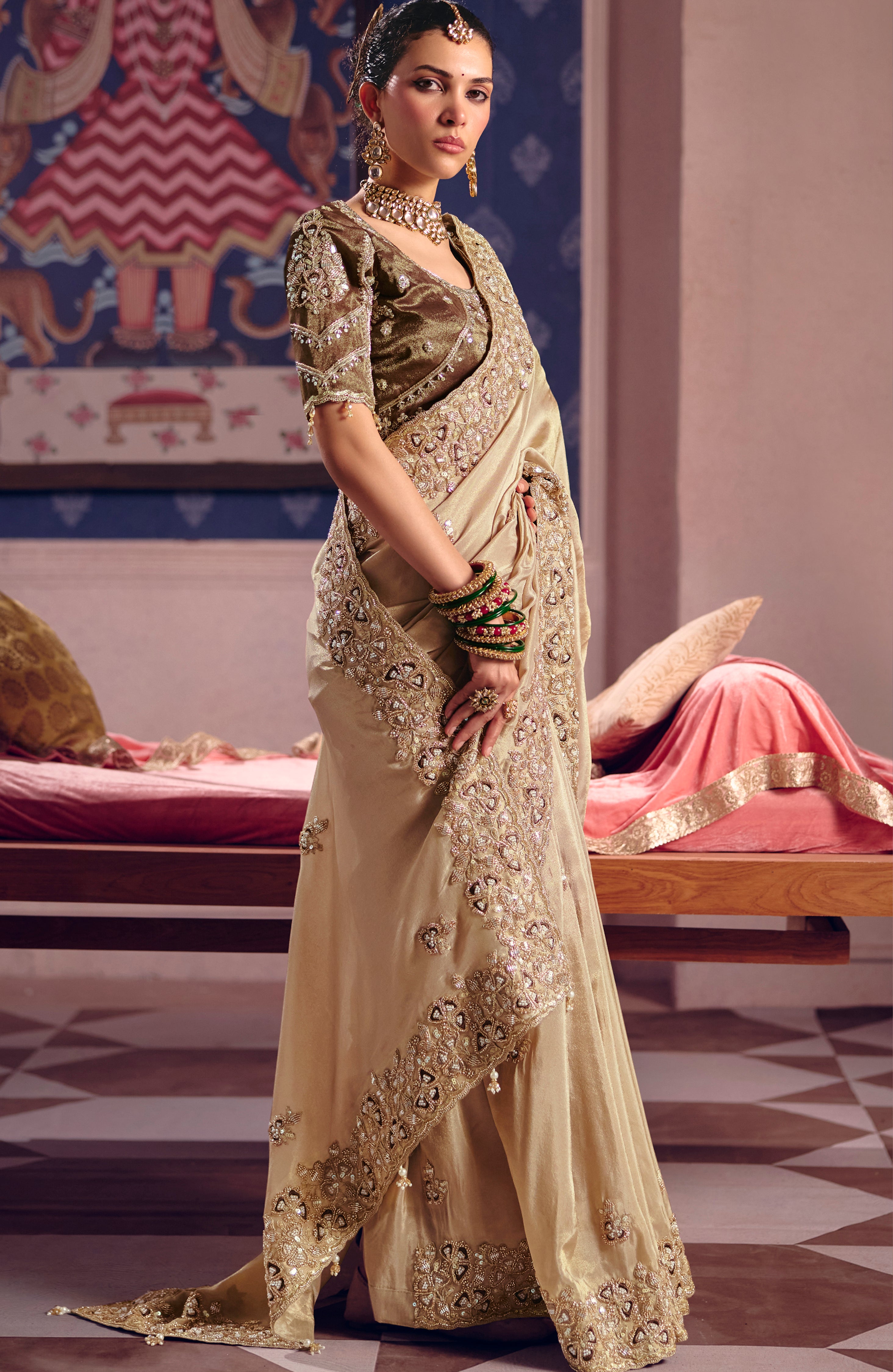 Beige Saree With Heavy Embroidery, Beads With Sequince Work