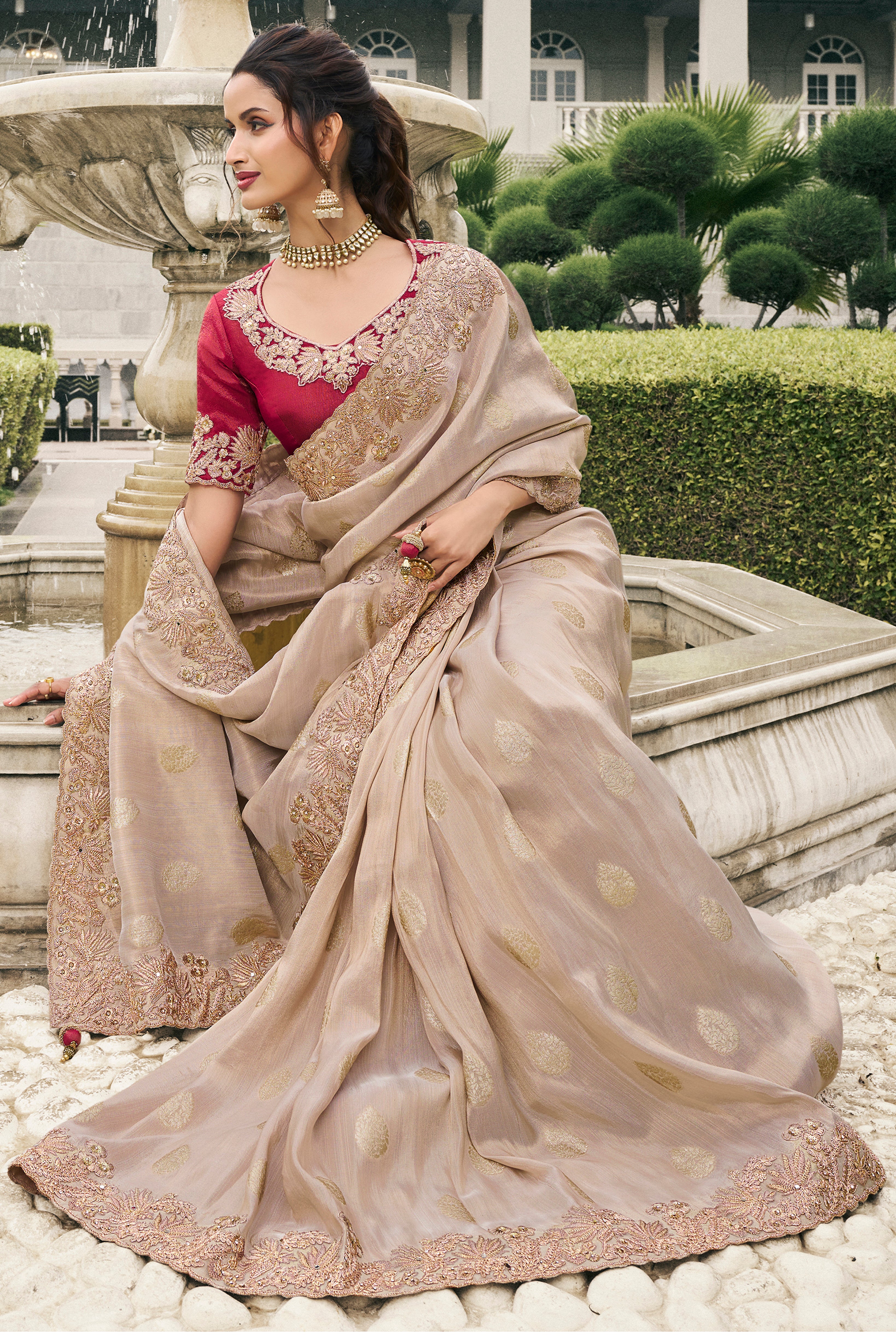 Beige Saree With Heavy Thread Embroidery, Stone, Pearl, Real Mirror Work