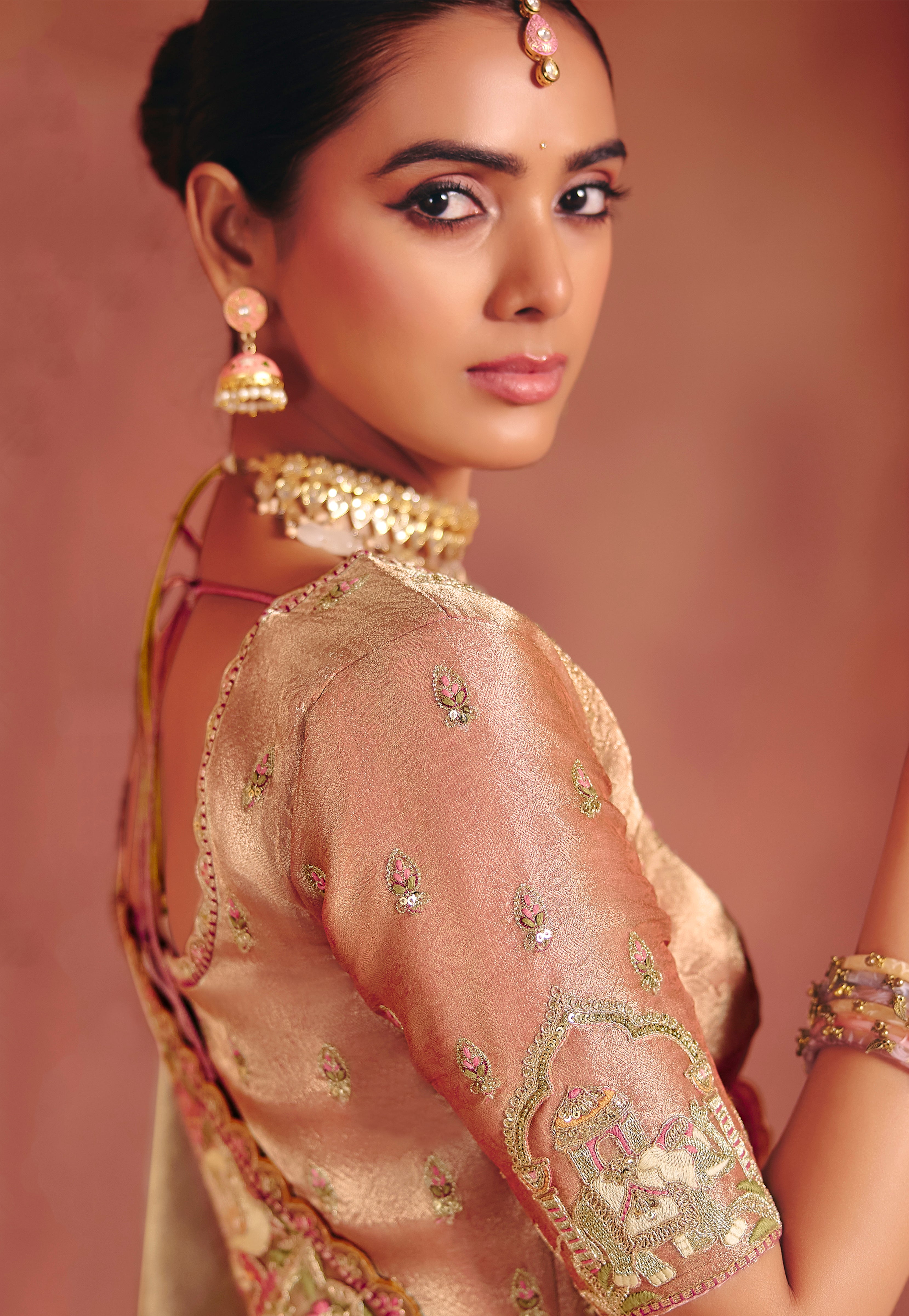 Beige Saree With Sequin, Thread, Weaving Heavy Embroidery Work With Heavy Embroidery Work Blouse