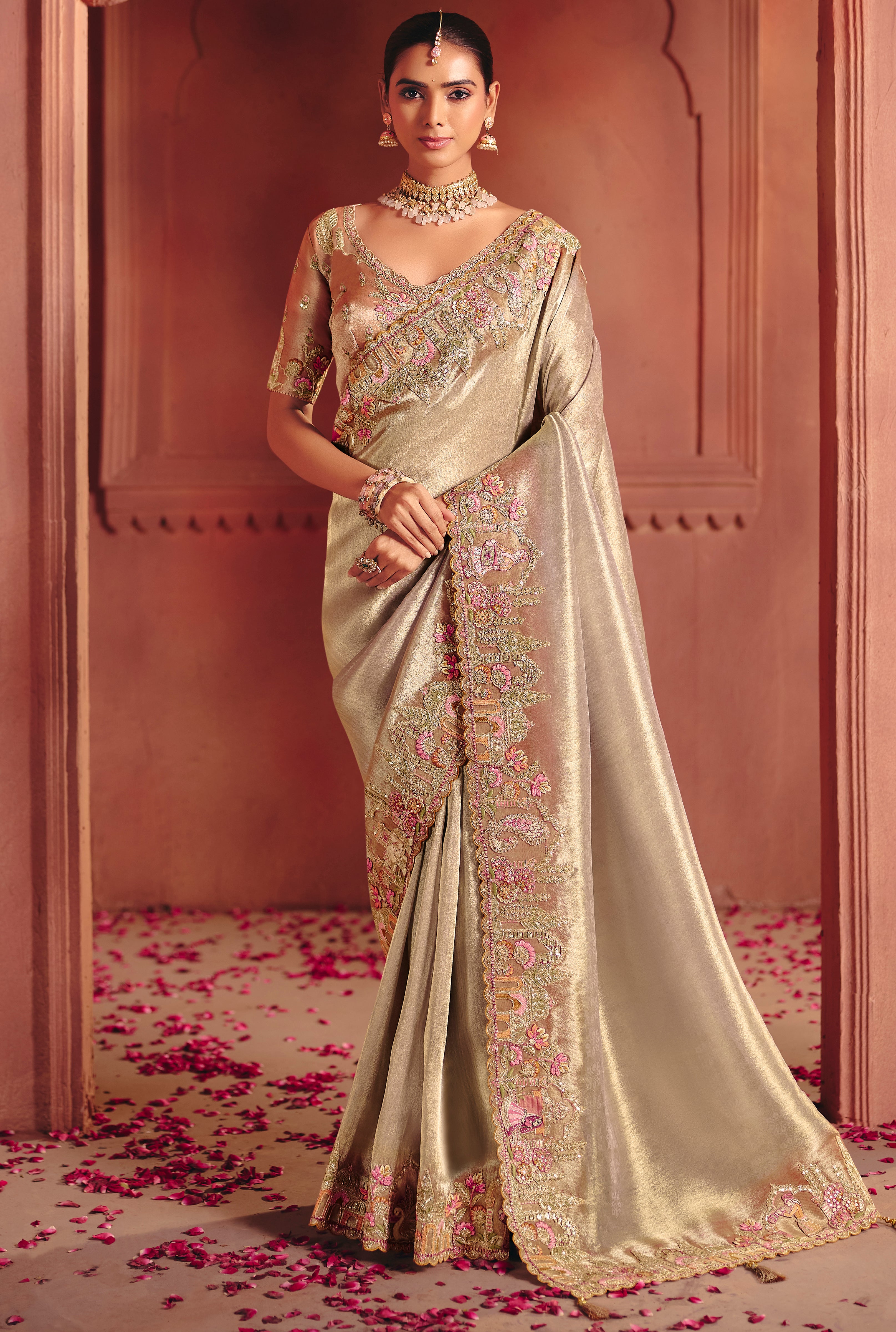 Beige Saree With Sequin, Thread, Weaving Heavy Embroidery Work With Heavy Embroidery Work Blouse