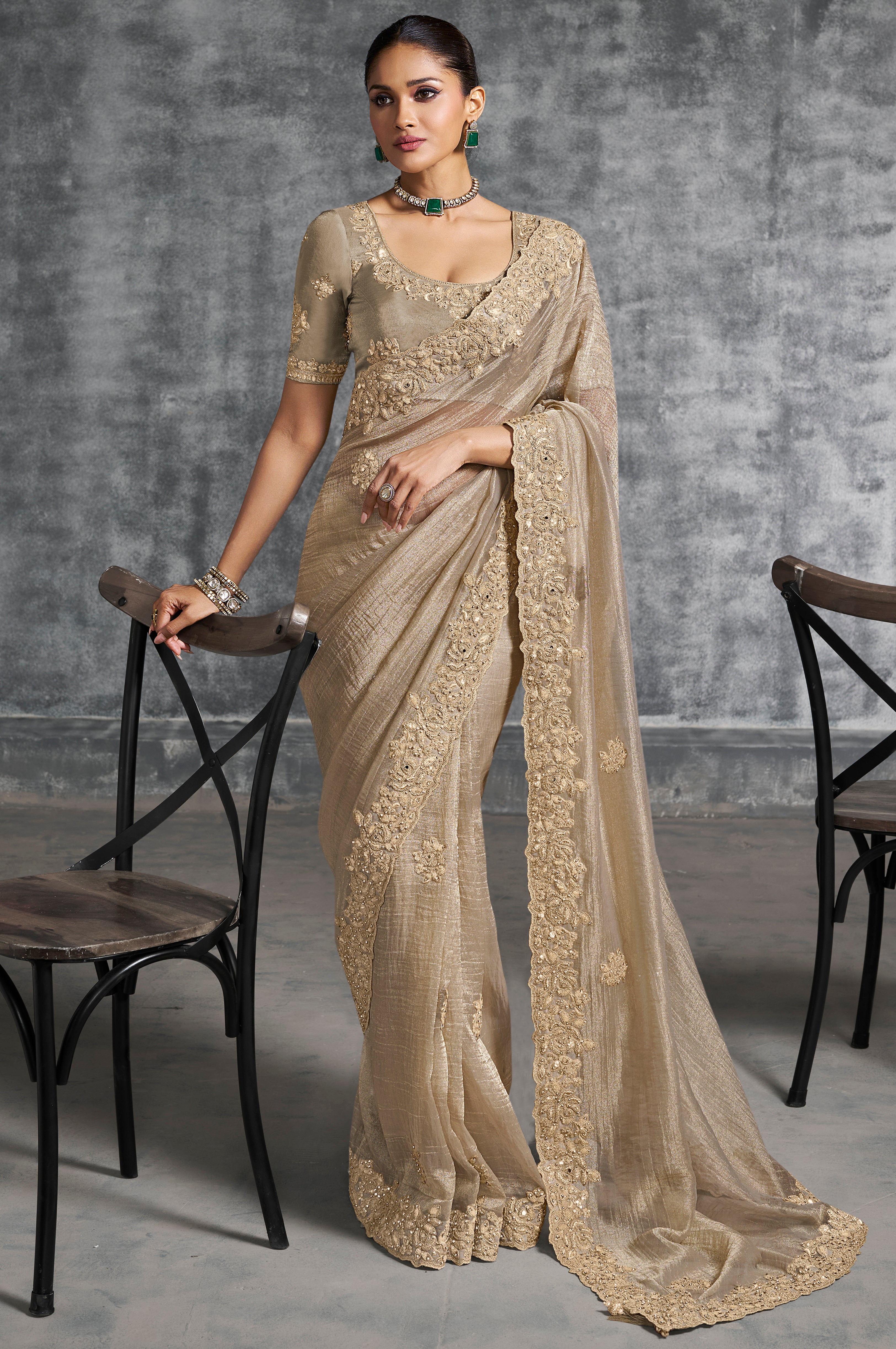 Beige Saree With Thread Embroidery Work ,Hand-Finished Stone & Mirror work With Embroidery Blouse