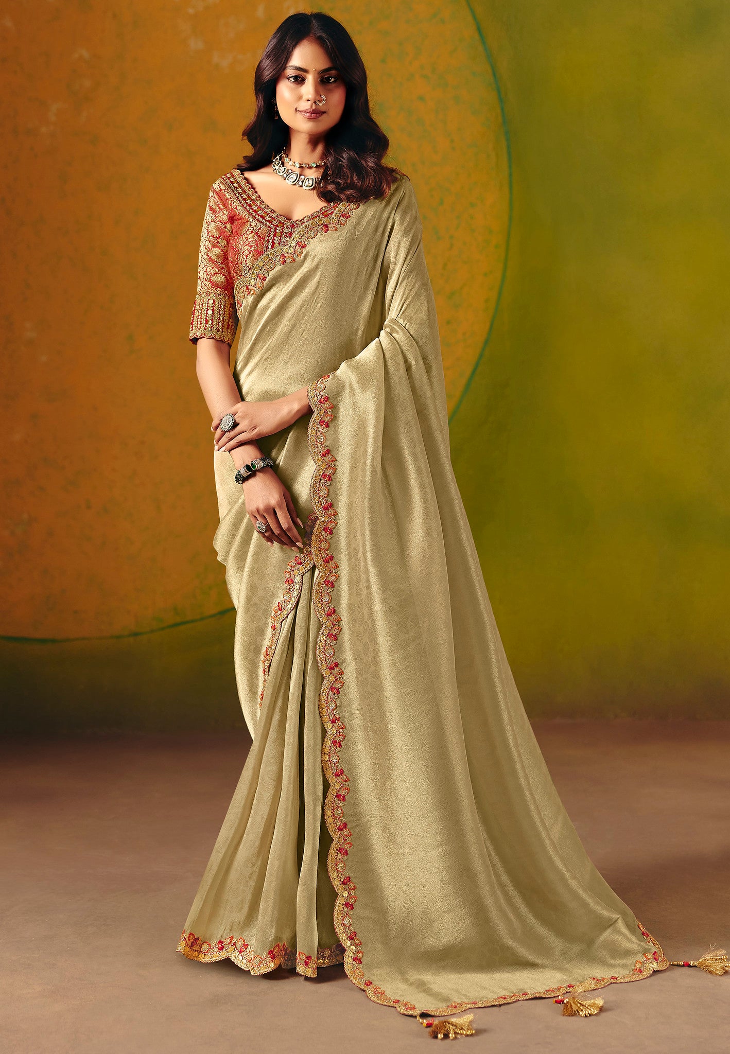 Beige Saree With Zari Weaving With Fancy Work Border