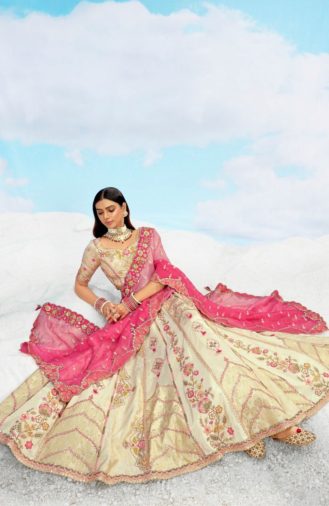 Beige Silk Lehenga Choli With Heavy Thread Embroidery, Zari With Sequins Work