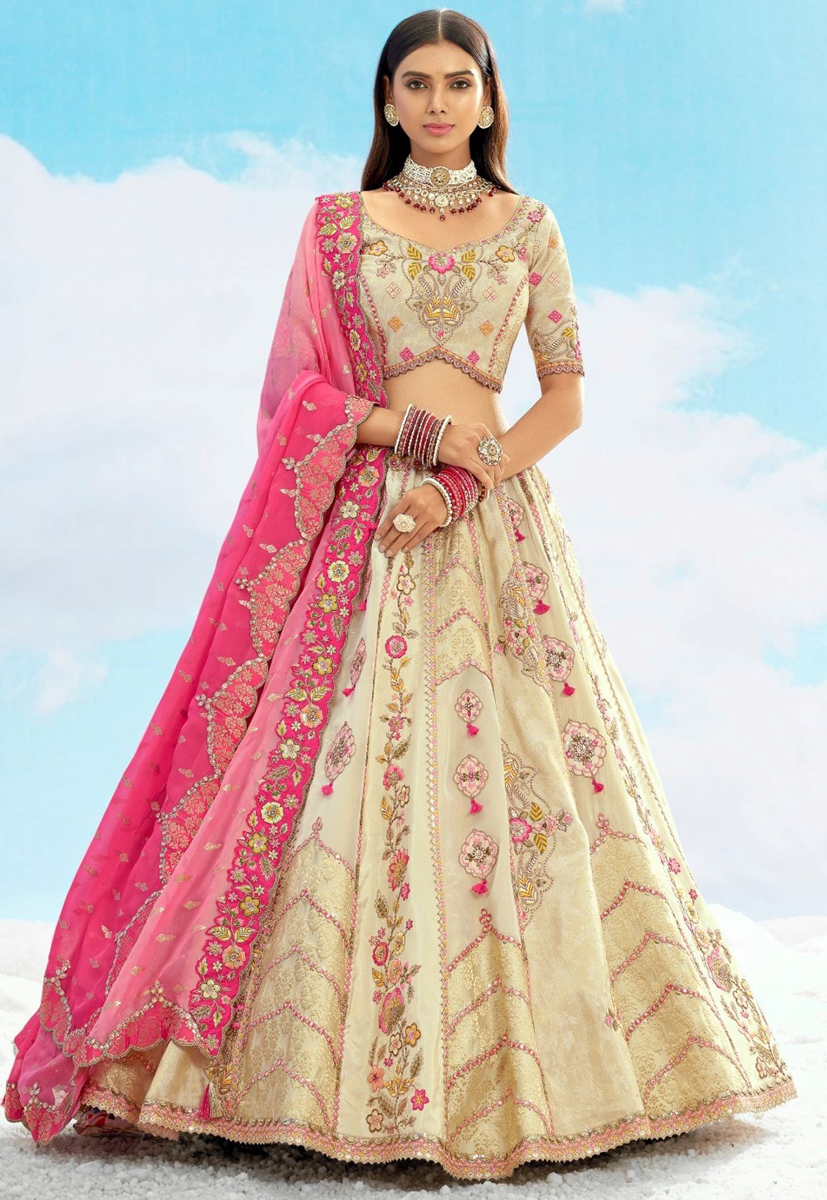 Beige Silk Lehenga Choli With Heavy Thread Embroidery, Zari With Sequins Work