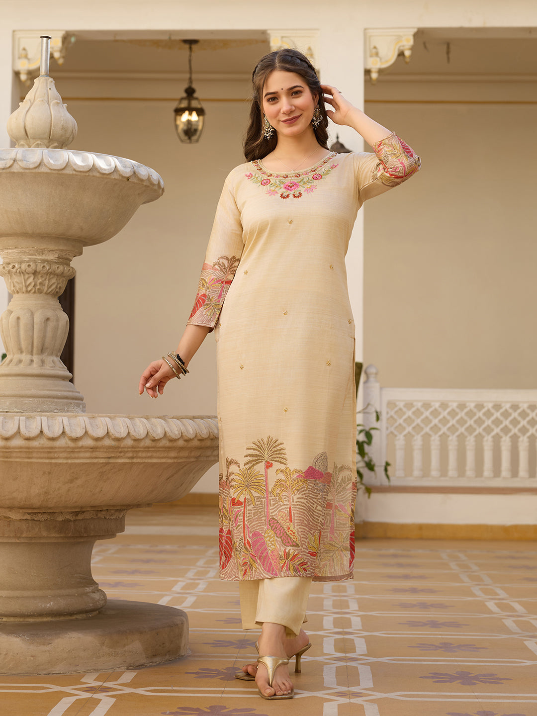 Beige Viscose Silk Kurta Pant Set With Thread Embroidered With Print & Beads Work