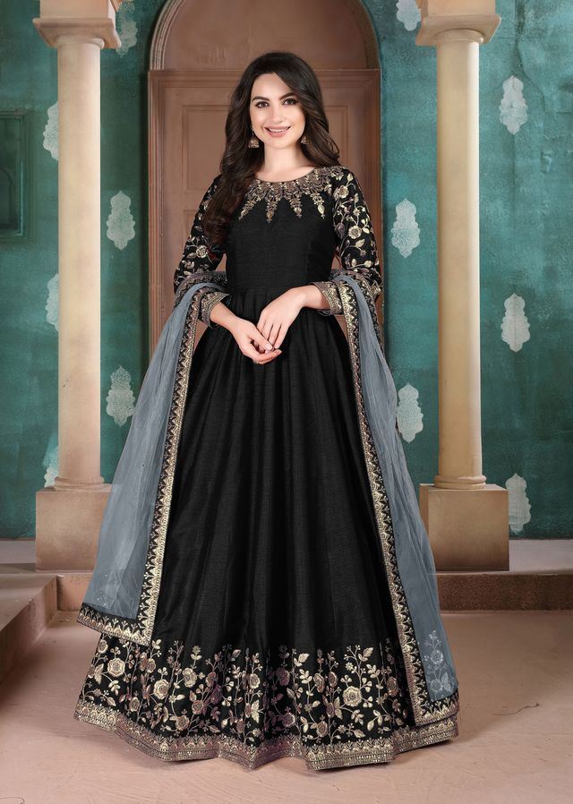 Black Adda Silk Heavy Embroidery with Embroidered bordered Border Dupatta Anarkali Suits