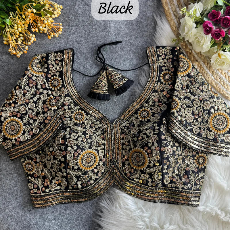 Black Apple Cut Heavy Cording & Thread Work Bridal Blouse in Italian Silk with Embroidery & Sequins