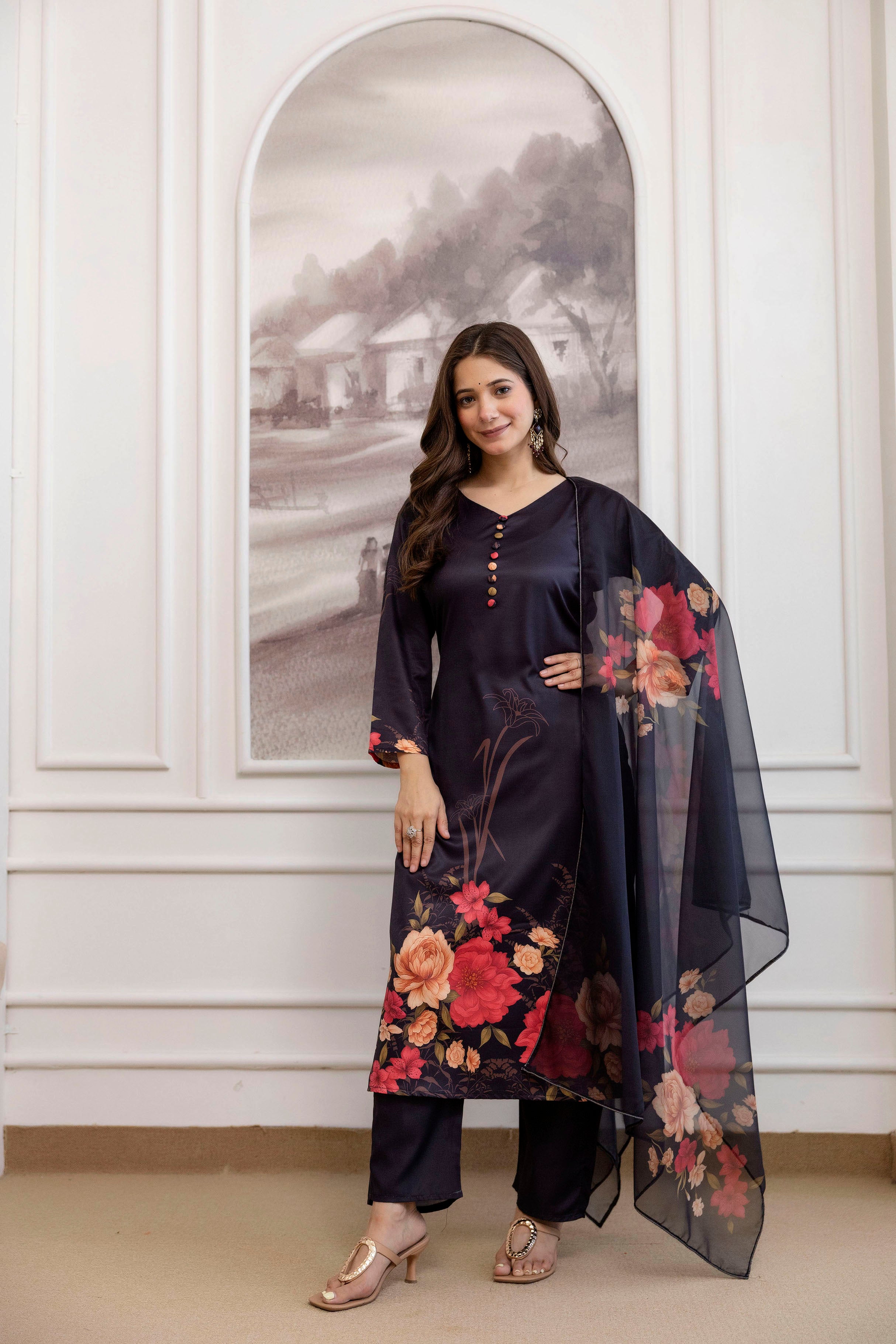 Black Assam Silk Kurta Pant Set Printed