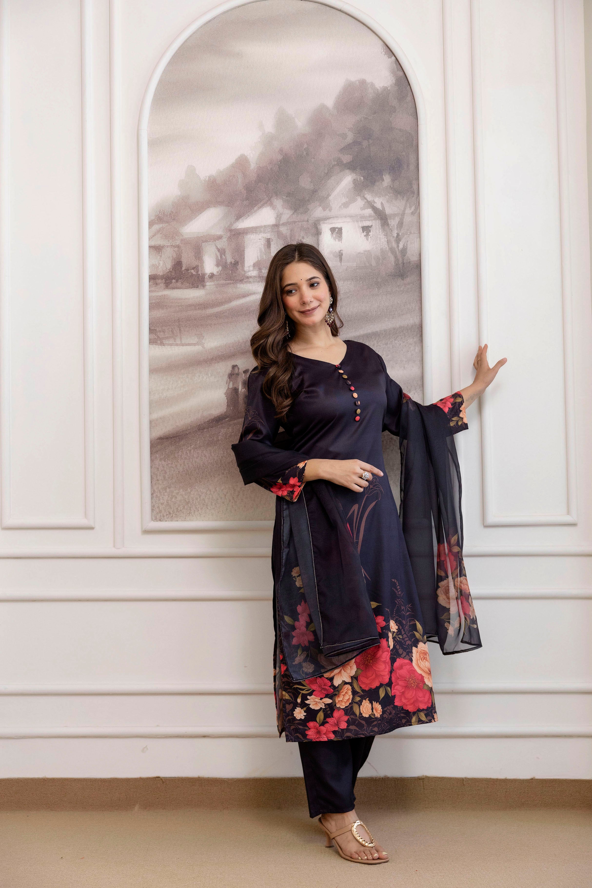 Black Assam Silk Kurta Pant Set Printed