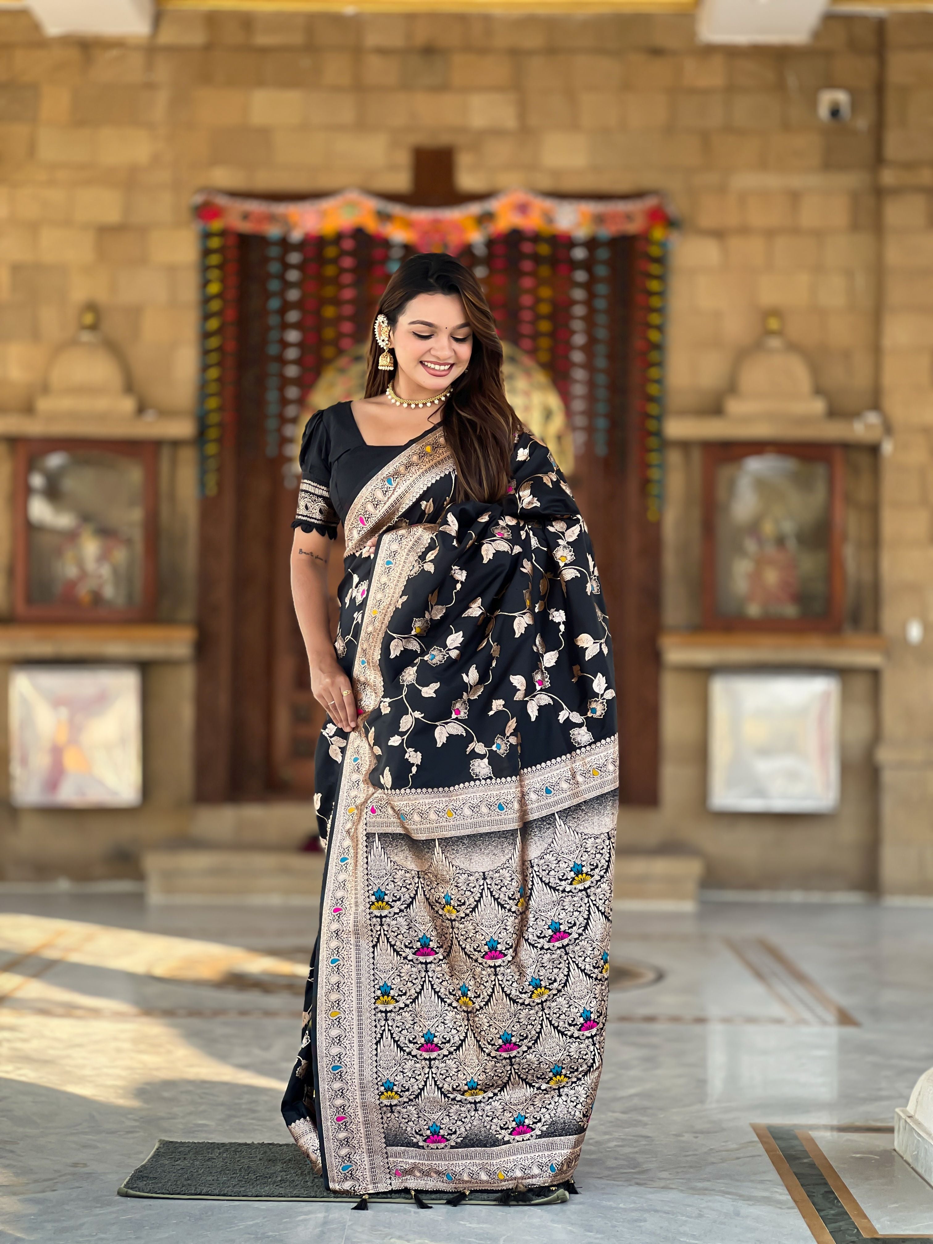 Black Banarasi Silk Woven Jacquard Designer Ceremonial Partywear Saree