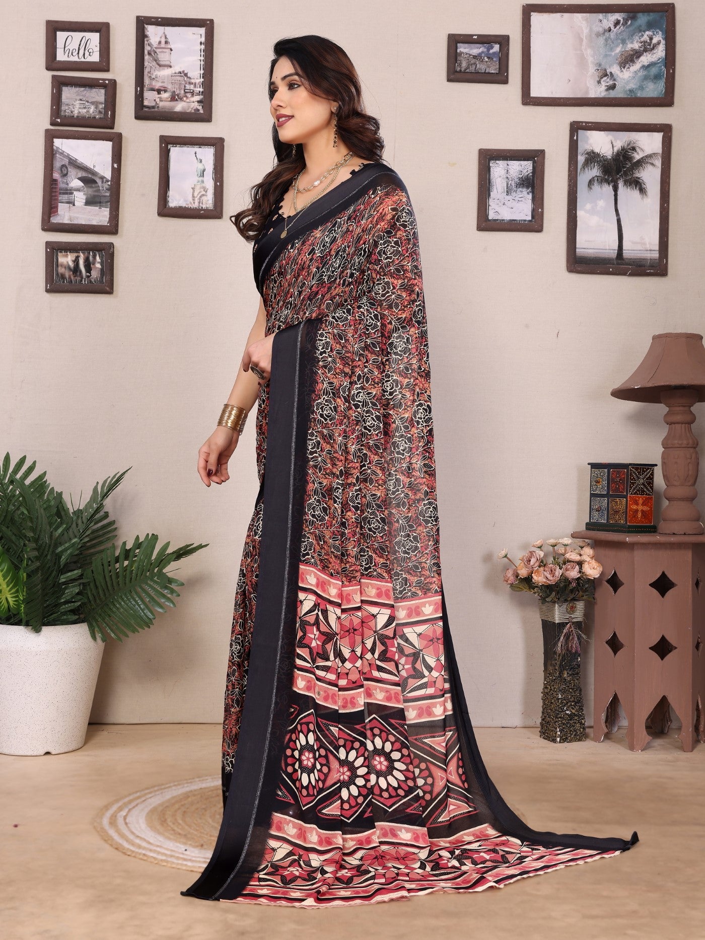 Black Bright Moss Printed Saree With Zari Work