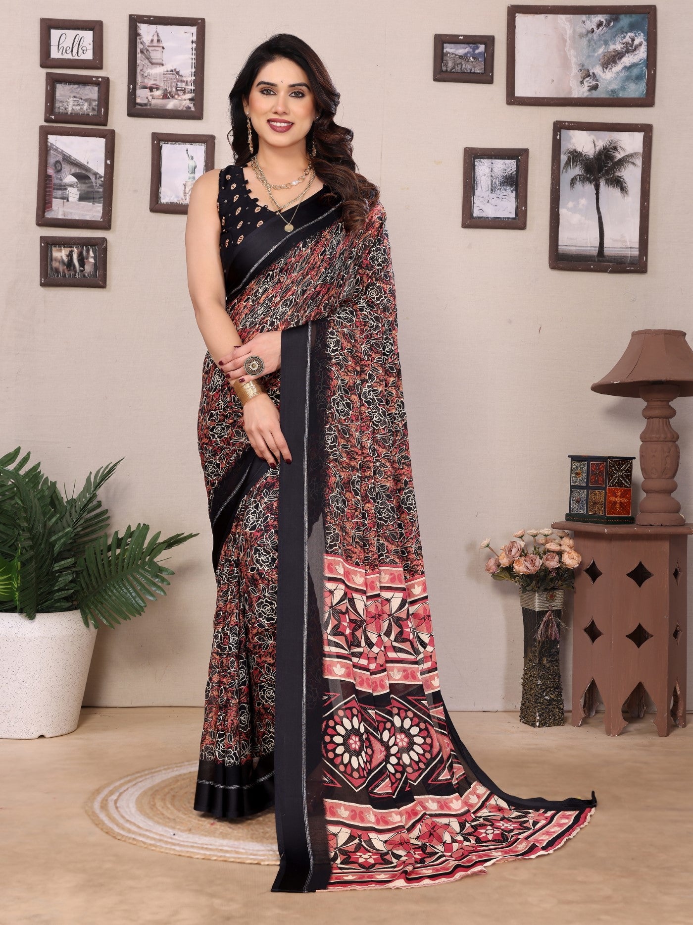 Black Bright Moss Printed Saree With Zari Work