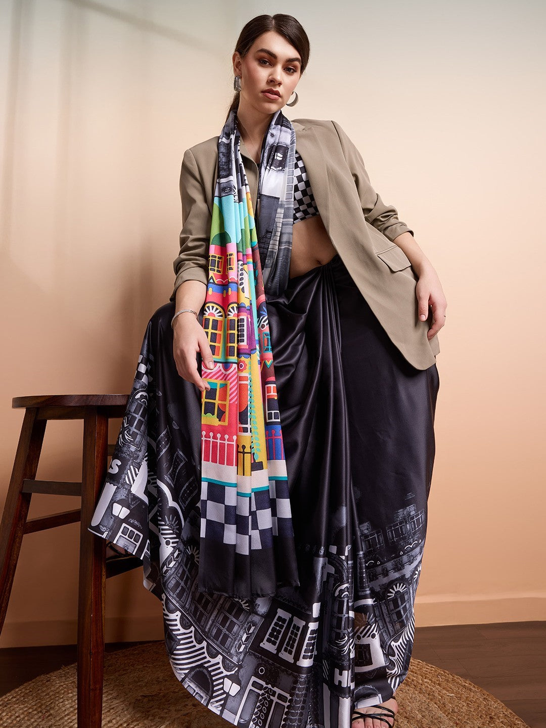 Black Bright Moss Saree With Printed