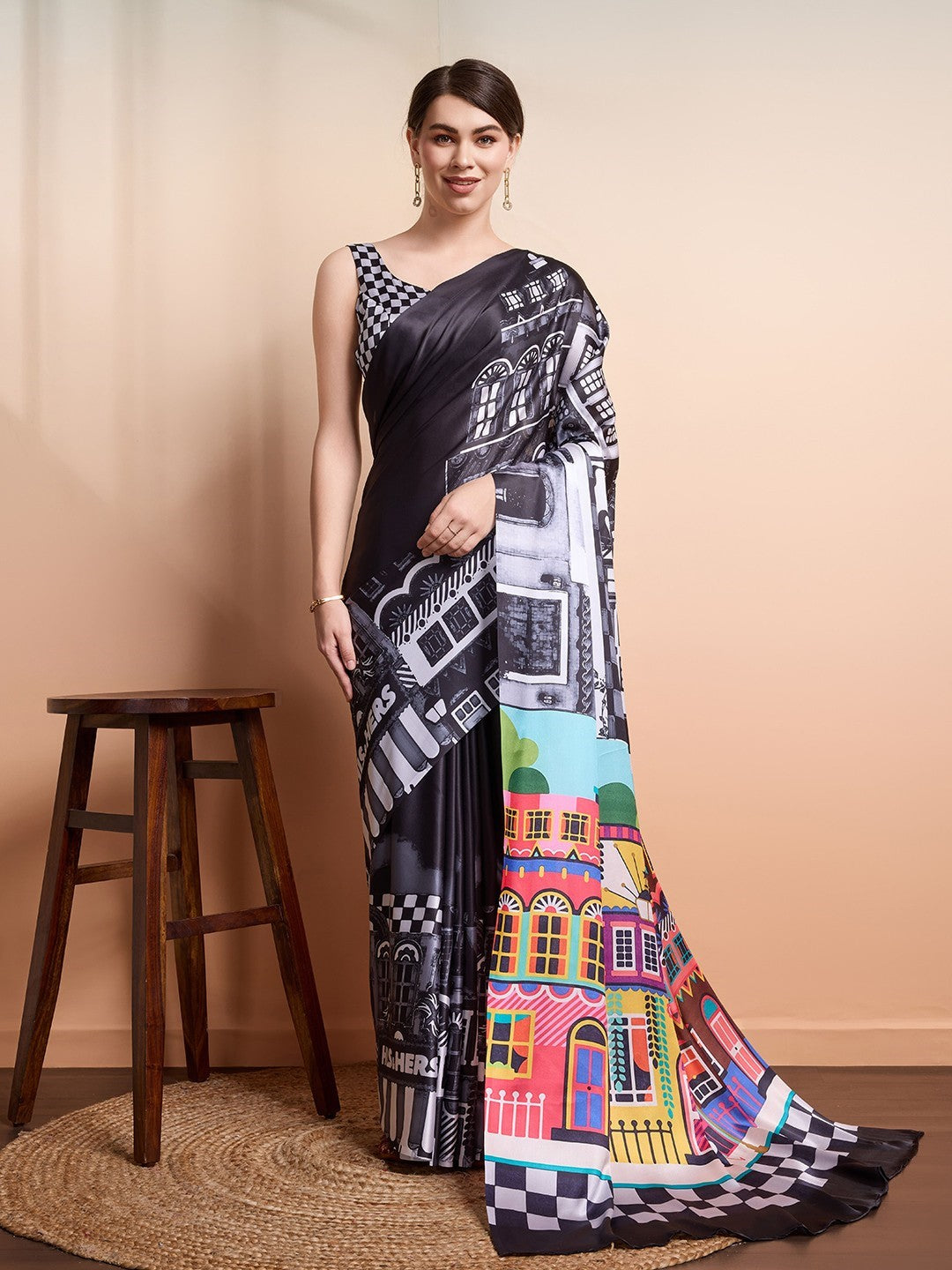 Black Bright Moss Saree With Printed