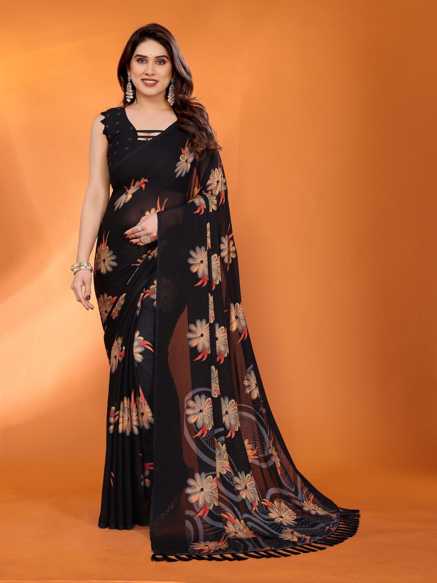 Black Bright Moss Satin Patta Saree With Printed Design