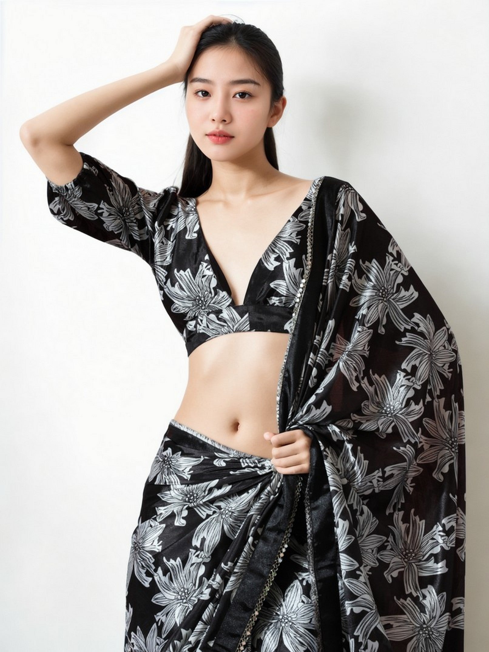 Black Chinnon Digital Print & Lace Border Trendy Ready To Wear Saree