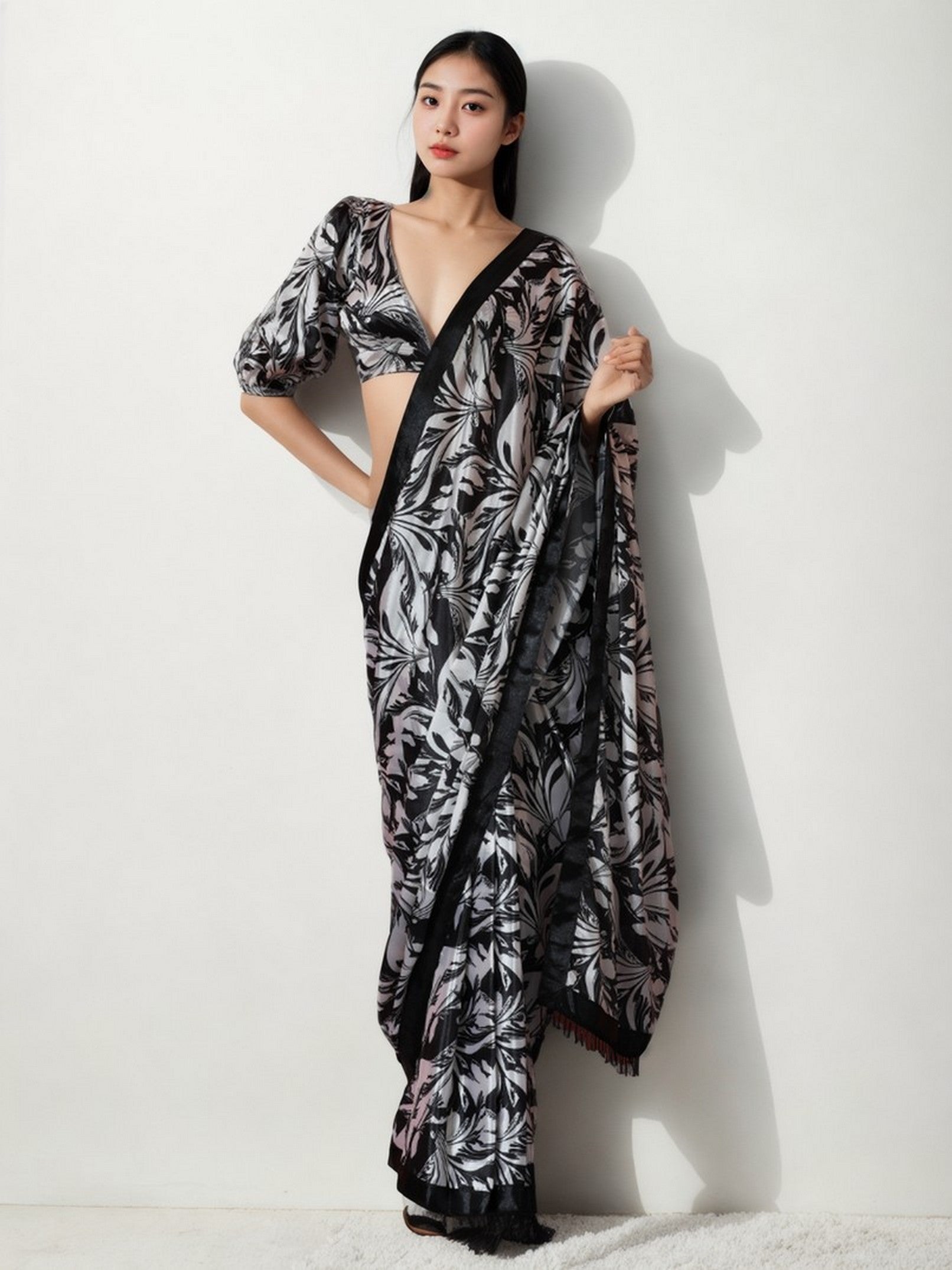 Black Chinnon Digital Print & Lace Border Trendy Ready To Wear Saree
