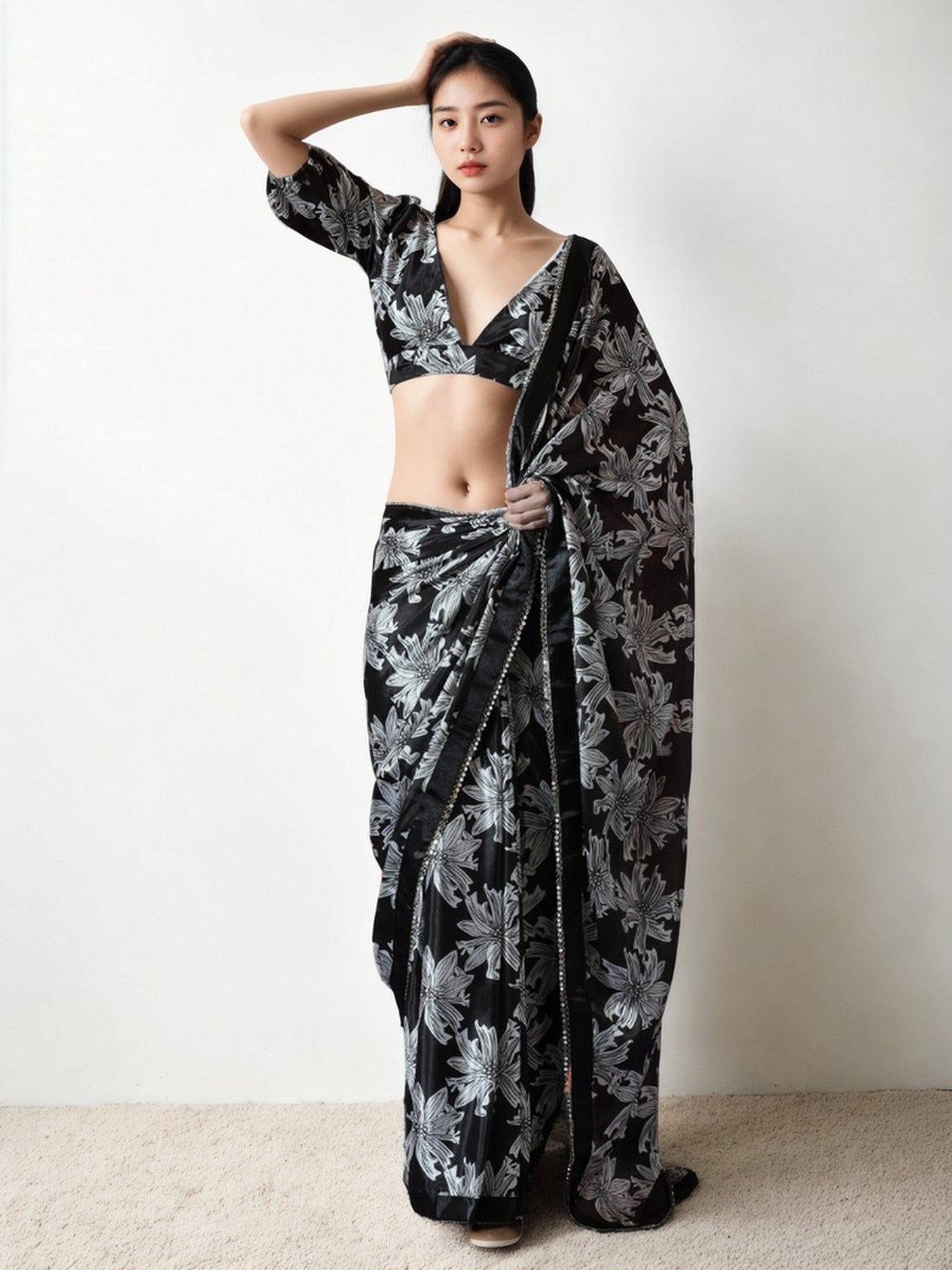 Black Chinnon Digital Print & Lace Border Trendy Ready To Wear Saree