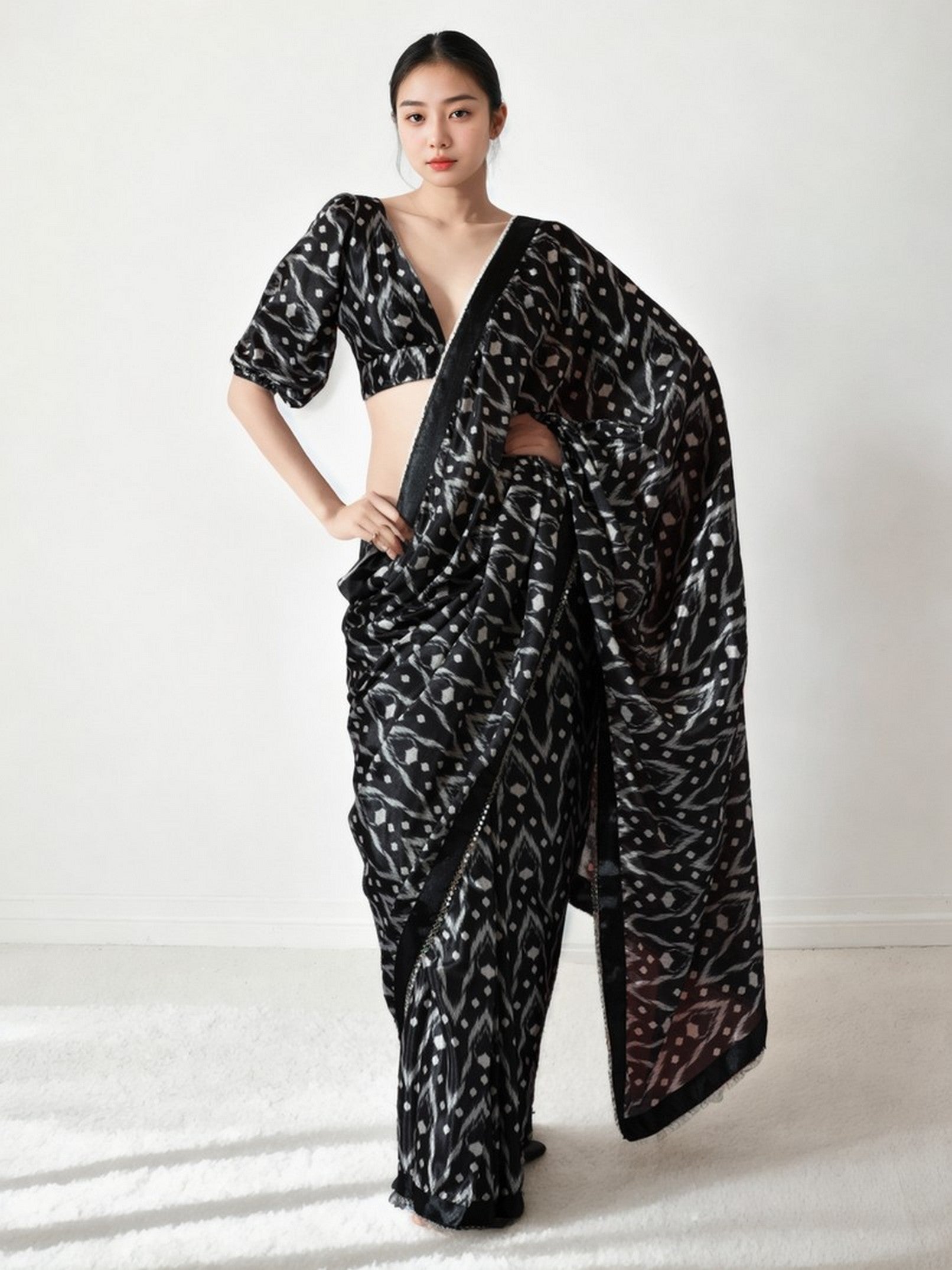 Black Chinon Designer Digital Printed Ready To Wear Saree