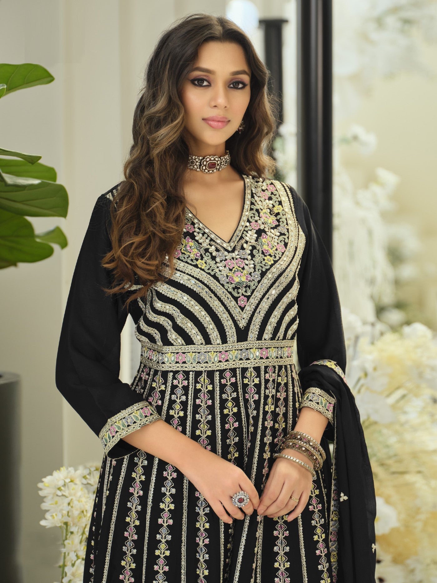 Black Chinon Designer Suit Set With Elegant Embroidery
